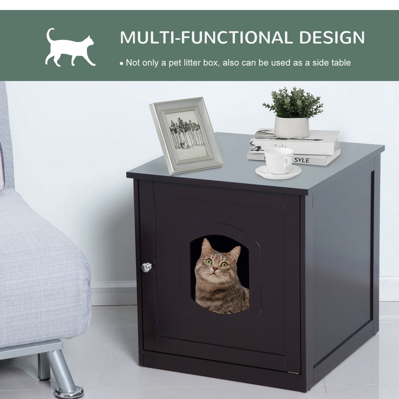 PawHut 2 in 1 Litter Box Enclosure Toilet Wooden Cat House Litter Tray Cover Pet Bed Home Furniture for Living Room Bedroom 51 x 48 x 51 cm (Dark Brown)