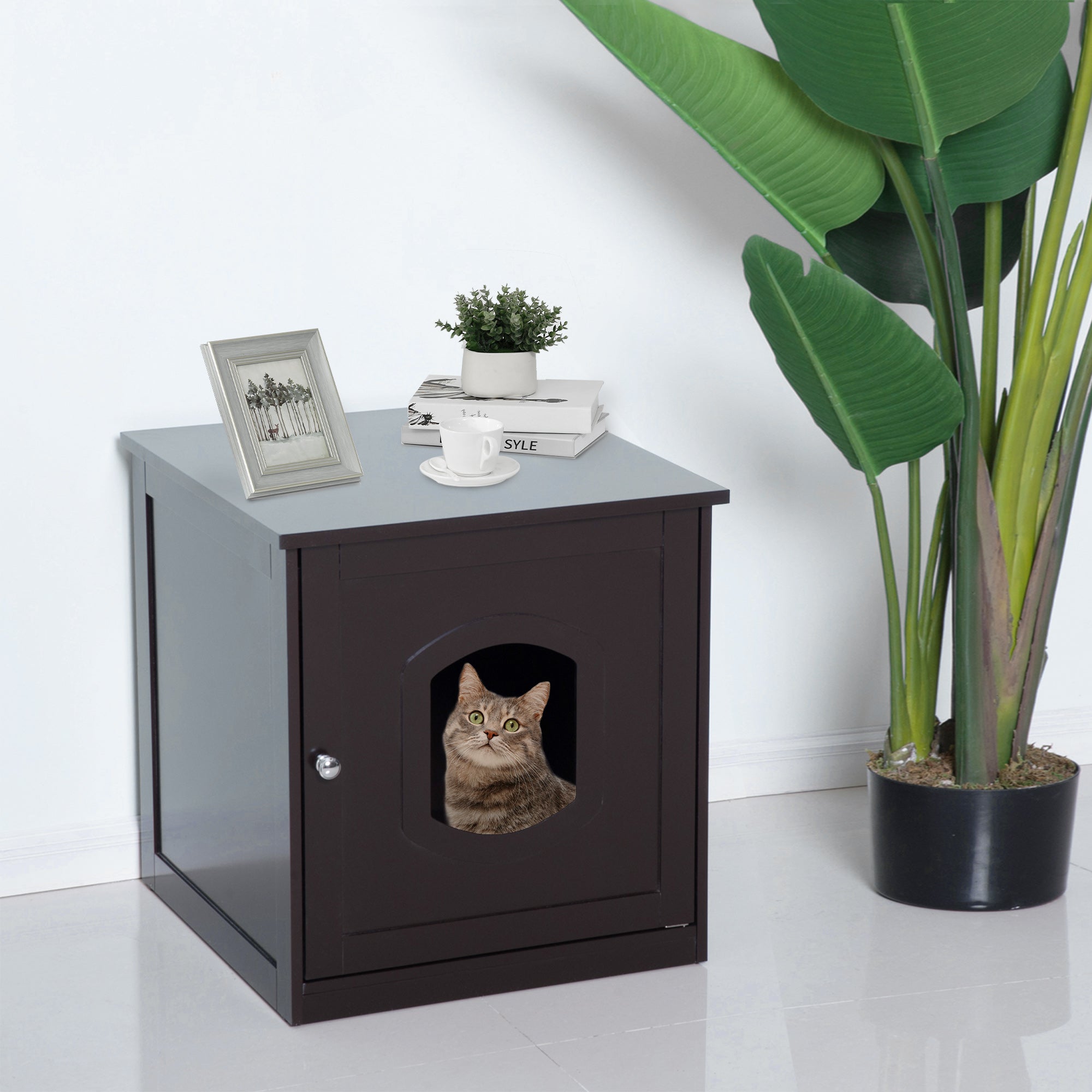 PawHut 2 in 1 Litter Box Enclosure Toilet Wooden Cat House Litter Tray Cover Pet Bed Home Furniture for Living Room Bedroom 51 x 48 x 51 cm (Dark Brown)