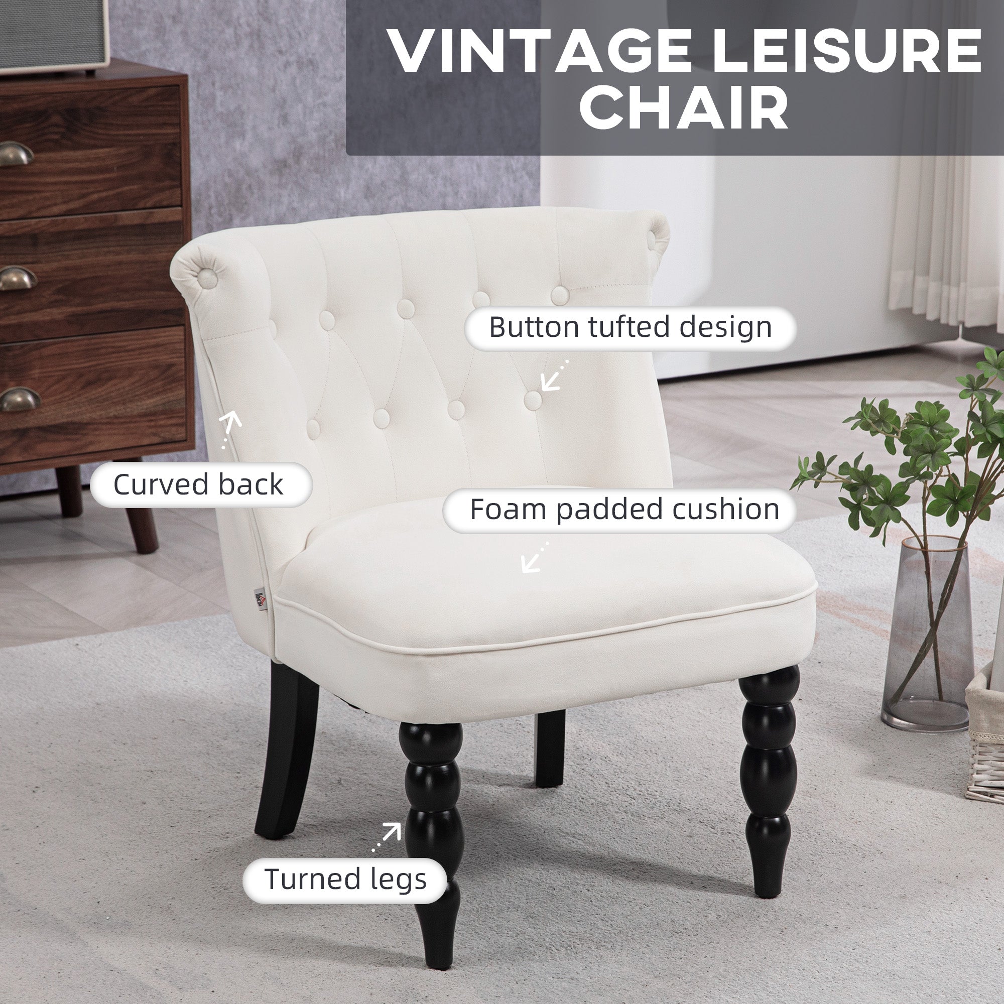 HOMCOM Vintage Leisure Accent Chair, Armless Chair with Button Tufted Straight Back, Turned Legs, Thick Sponge Padding for Living Room, Dining Room, Study, Cream White