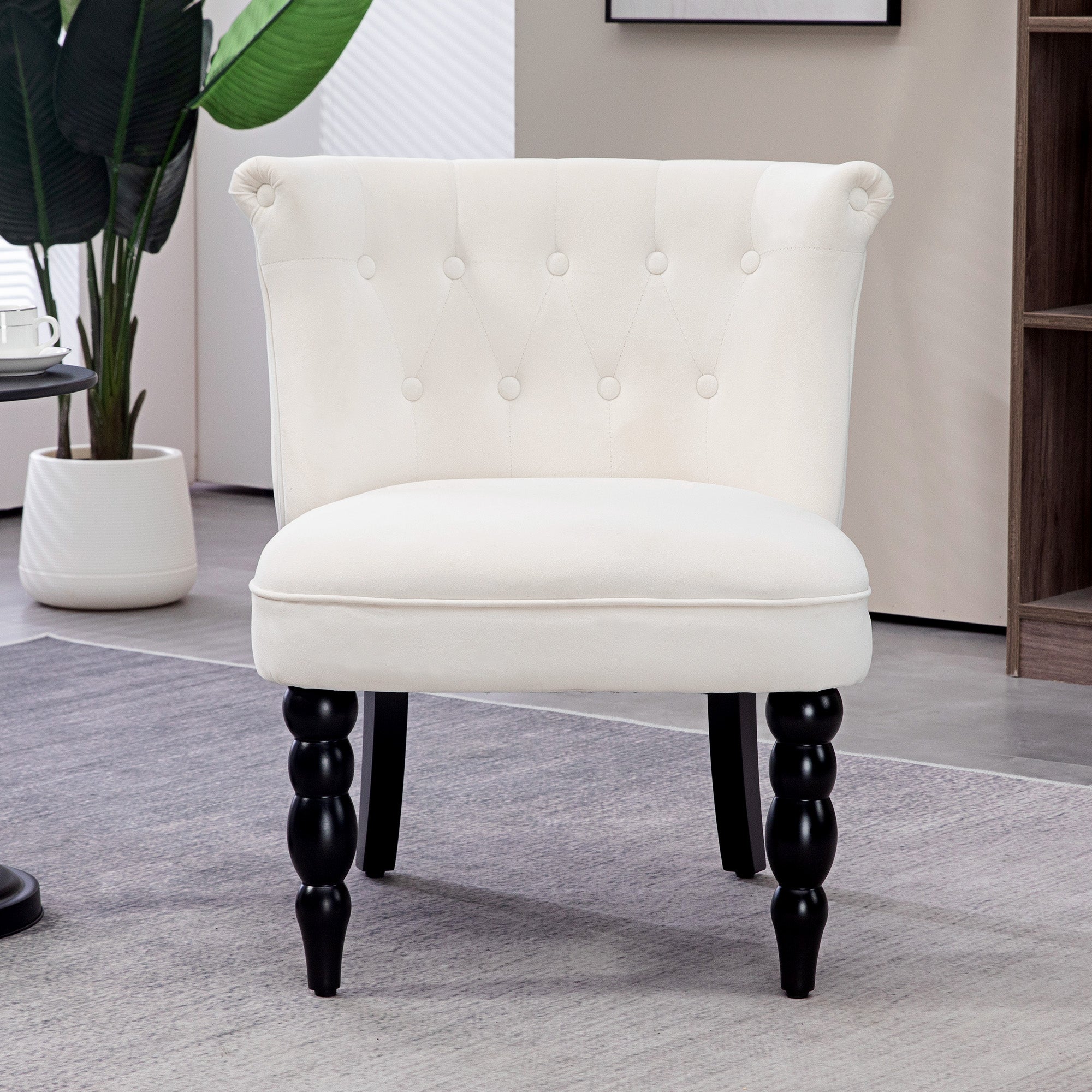HOMCOM Vintage Leisure Accent Chair, Armless Chair with Button Tufted Straight Back, Turned Legs, Thick Sponge Padding for Living Room, Dining Room, Study, Cream White