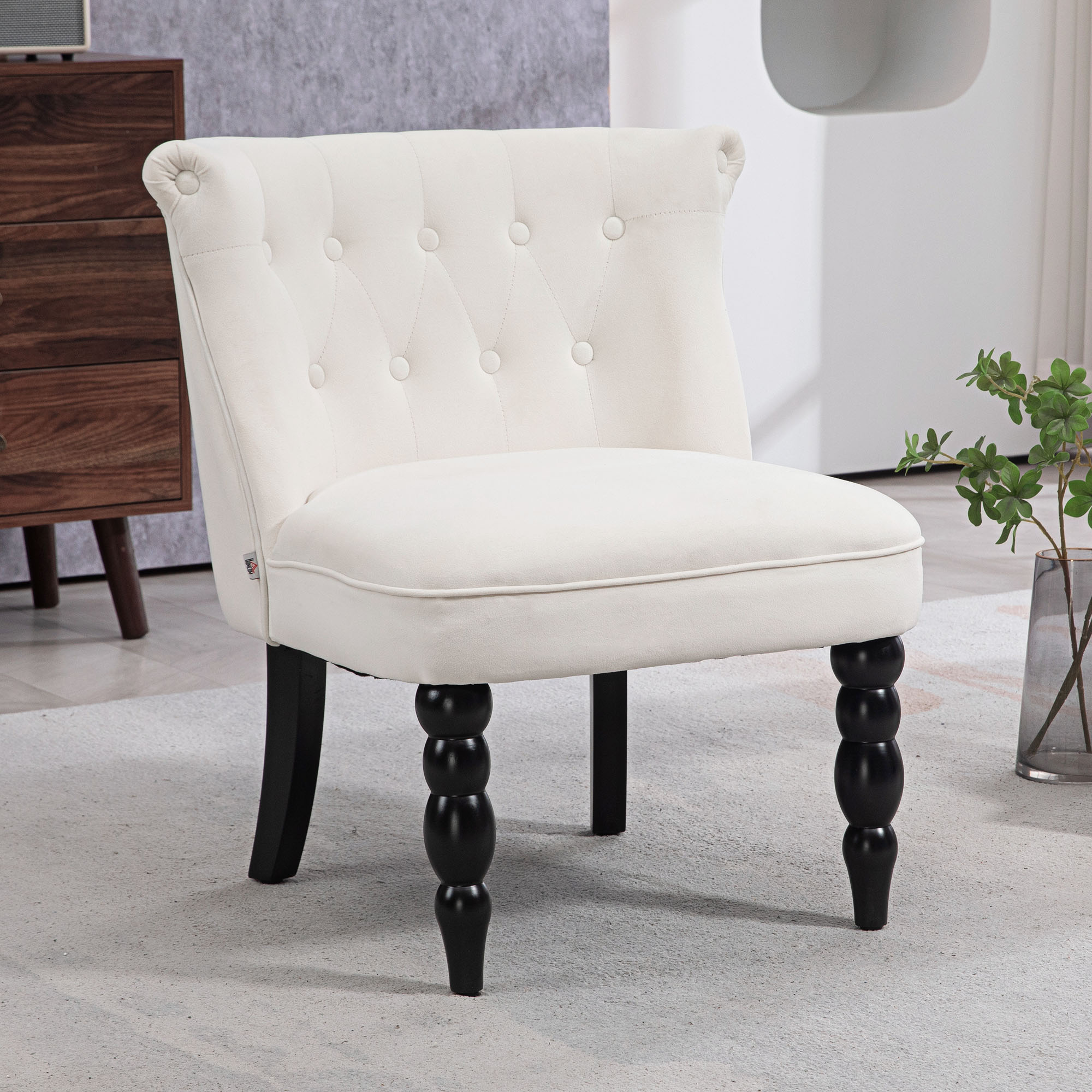 HOMCOM Vintage Leisure Accent Chair, Armless Chair with Button Tufted Straight Back, Turned Legs, Thick Sponge Padding for Living Room, Dining Room, Study, Cream White