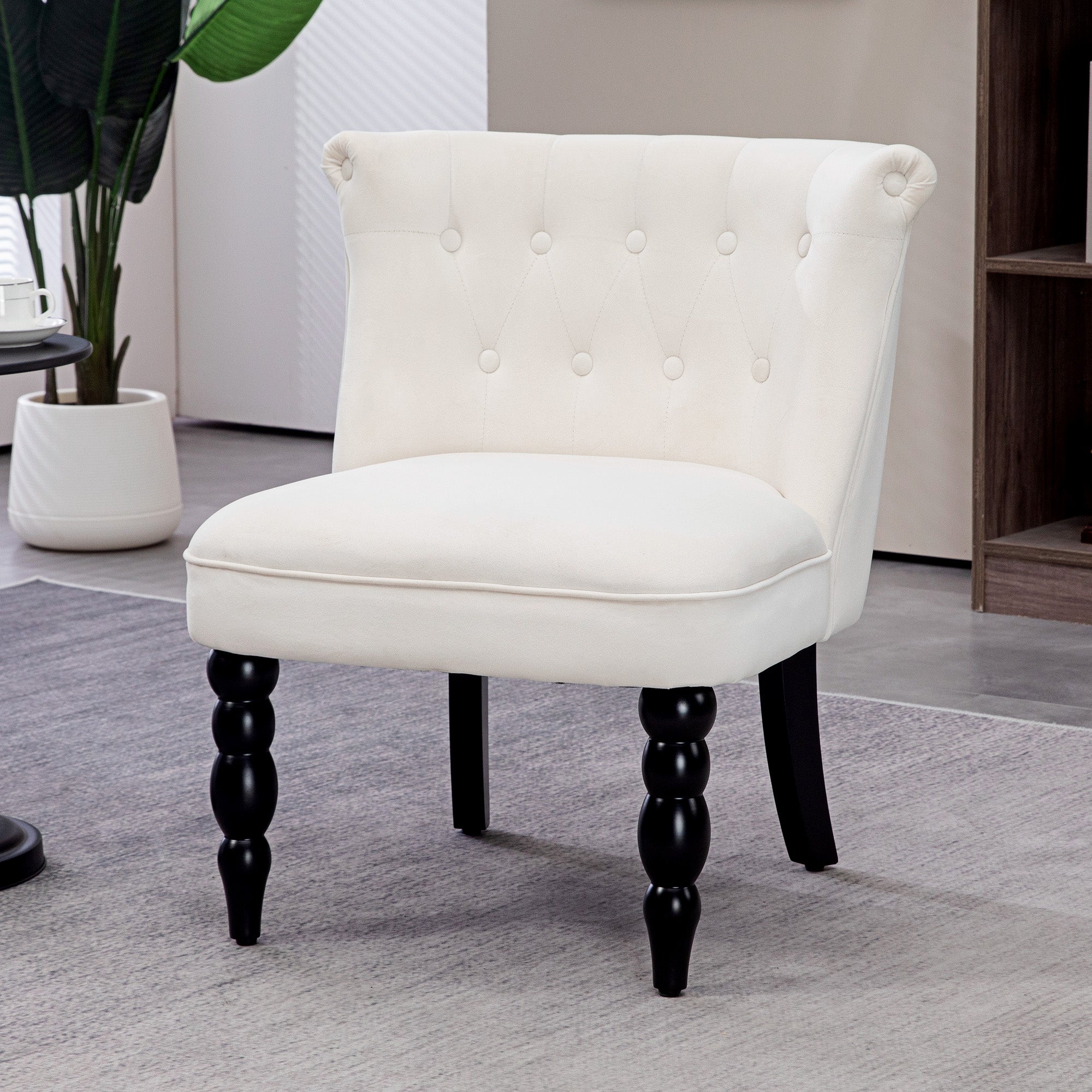 HOMCOM Vintage Leisure Accent Chair, Armless Chair with Button Tufted Straight Back, Turned Legs, Thick Sponge Padding for Living Room, Dining Room, Study, Cream White