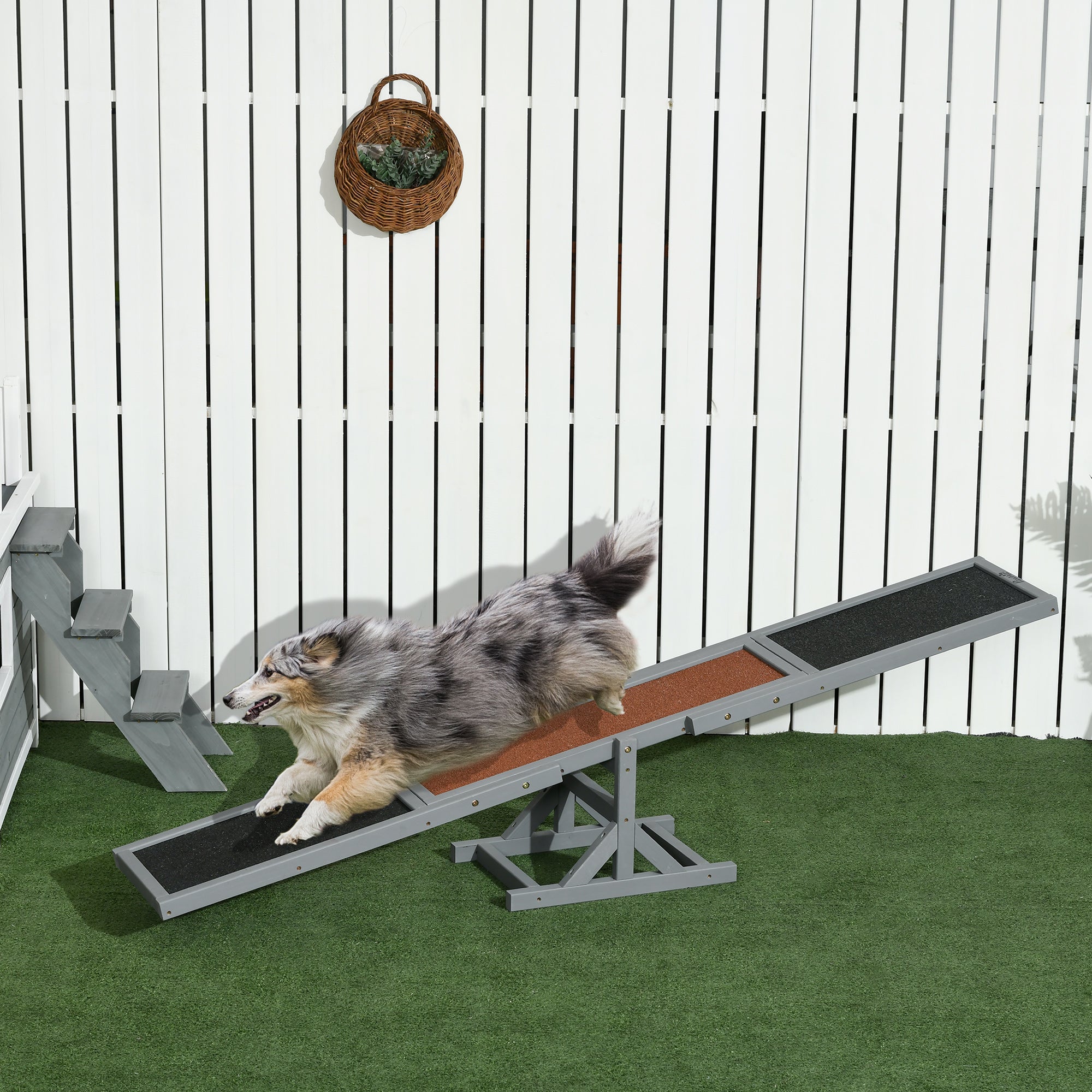 PawHut Wooden Pet Seesaw for Big Dogs, Agility Training Equipment for Dogs with Anti-Slip surface, 180 x 30 x 30cm - Grey
