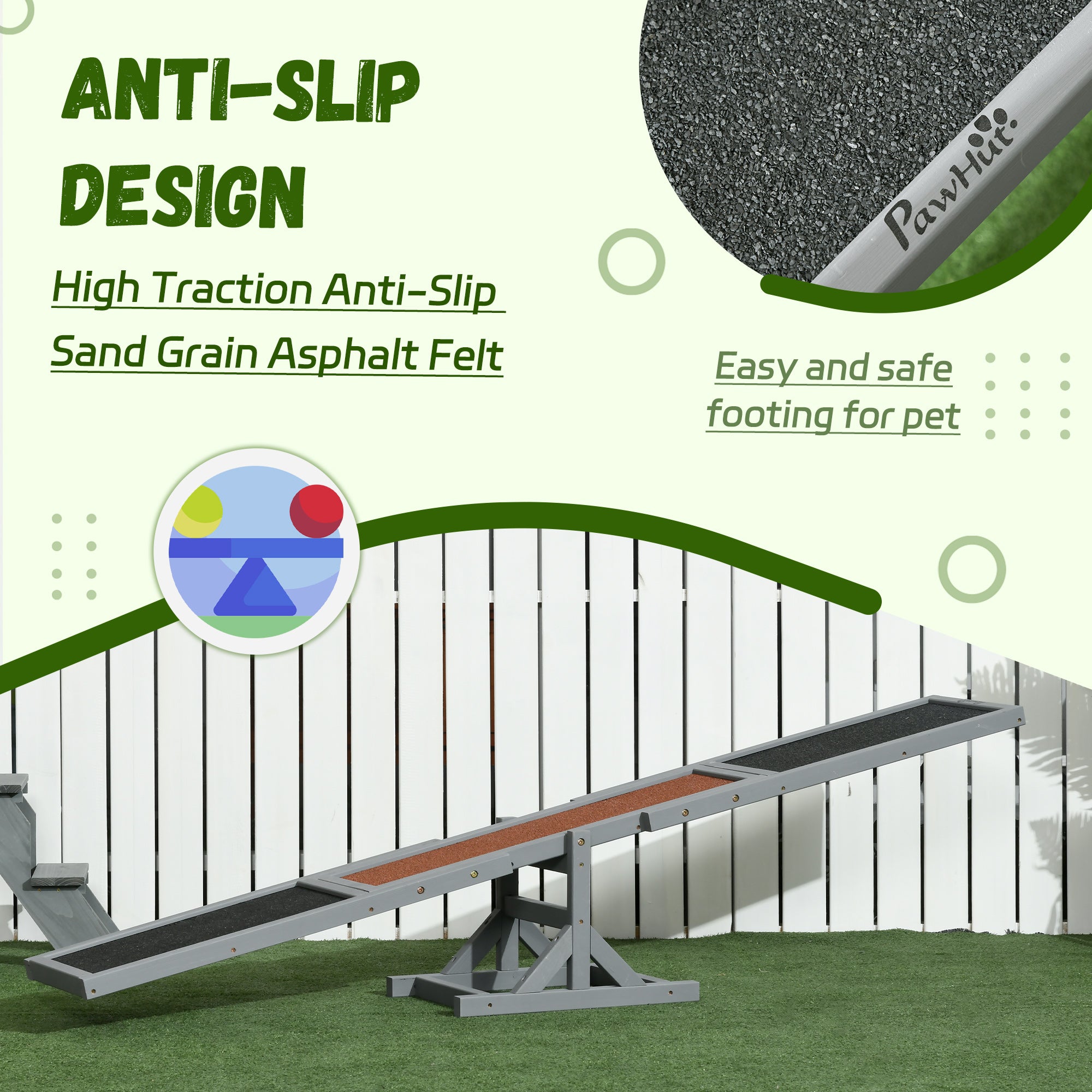 PawHut Wooden Pet Seesaw for Big Dogs, Agility Training Equipment for Dogs with Anti-Slip surface, 180 x 30 x 30cm - Grey