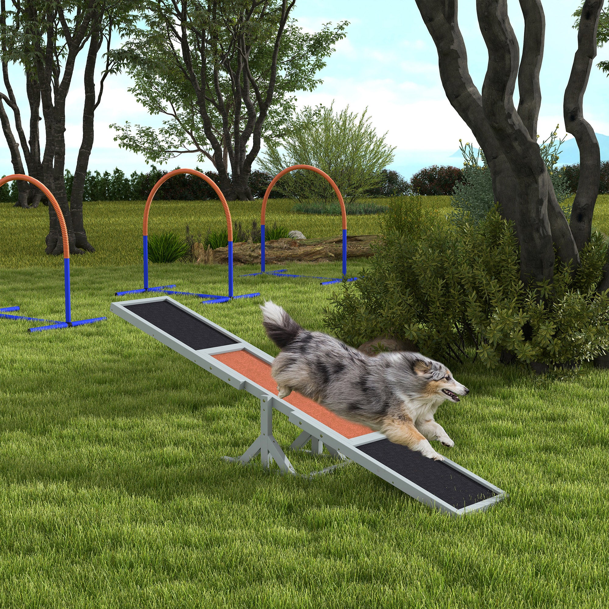 PawHut Wooden Pet Seesaw for Big Dogs, Agility Training Equipment for Dogs with Anti-Slip surface, 180 x 30 x 30cm - Grey