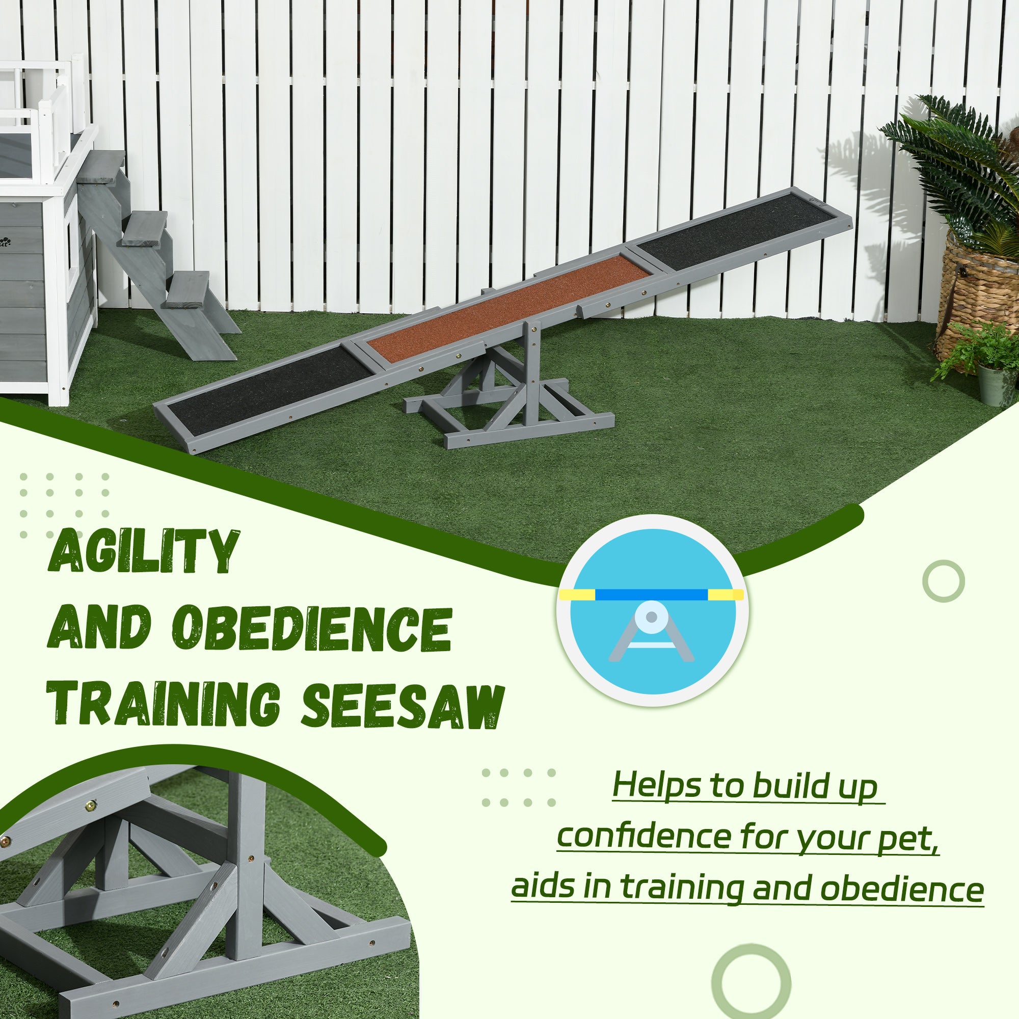 PawHut Wooden Pet Seesaw for Big Dogs, Agility Training Equipment for Dogs with Anti-Slip surface, 180 x 30 x 30cm - Grey