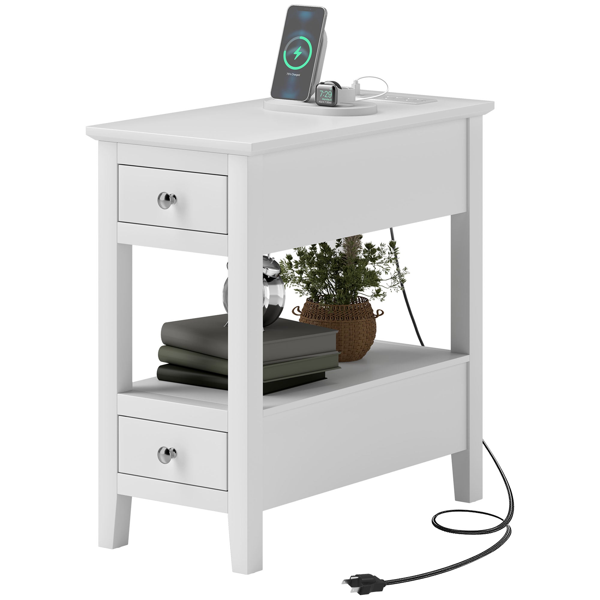 HOMCOM End Table with Charging Station and USB Ports, Modern Narrow Side Table with Storage Shelf, 2 Drawers for Living Room, White