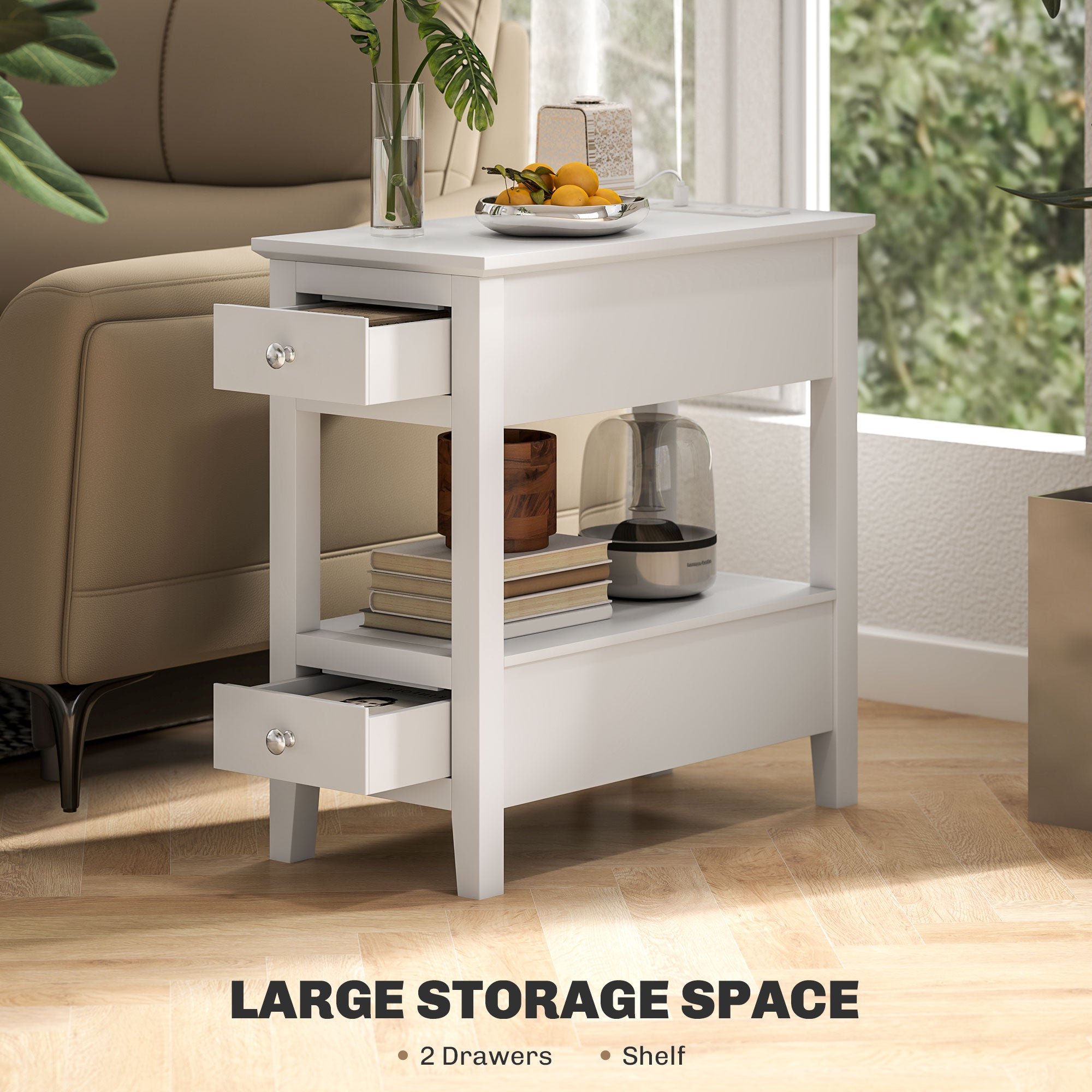 HOMCOM End Table with Charging Station and USB Ports, Modern Narrow Side Table with Storage Shelf, 2 Drawers for Living Room, White