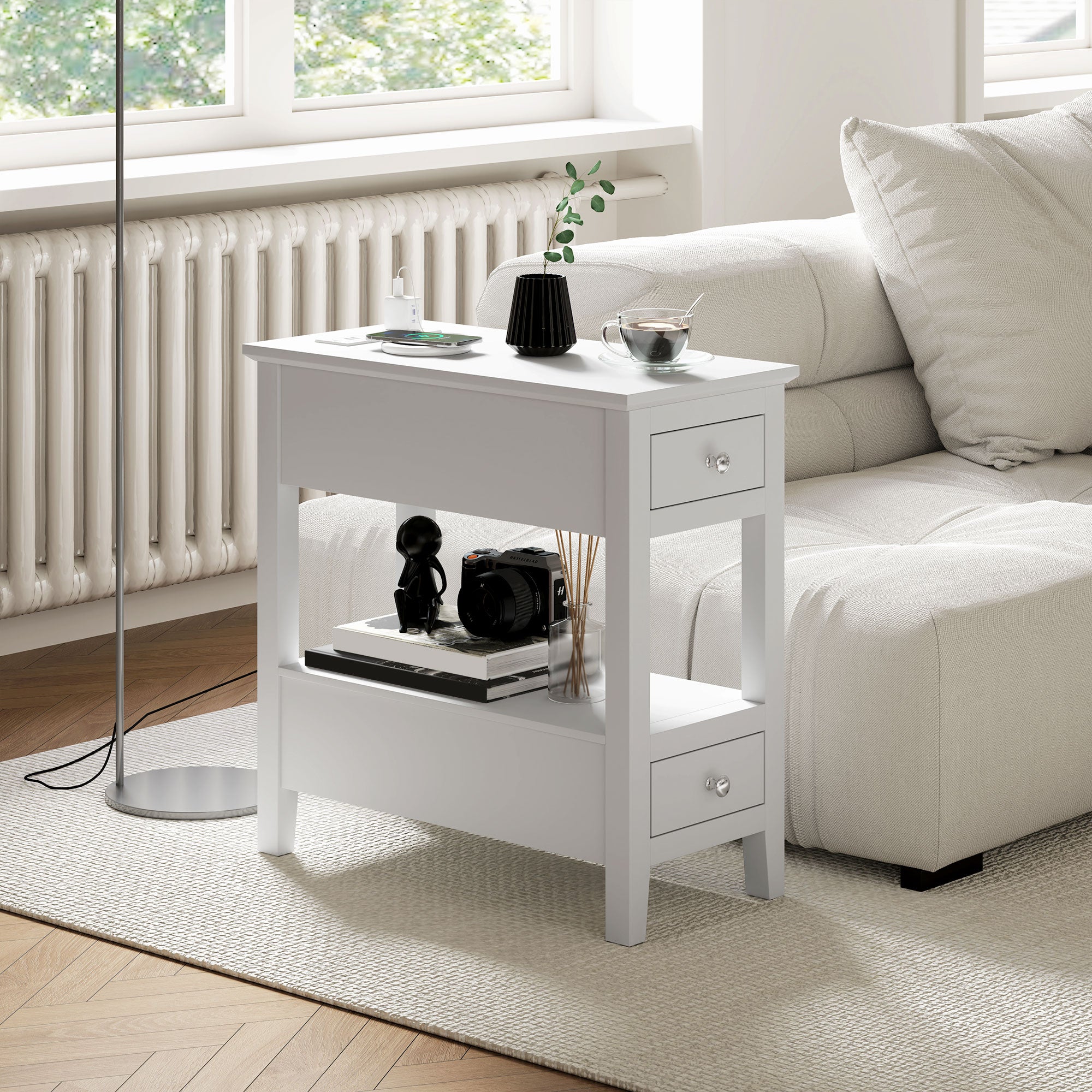 HOMCOM End Table with Charging Station and USB Ports, Modern Narrow Side Table with Storage Shelf, 2 Drawers for Living Room, White