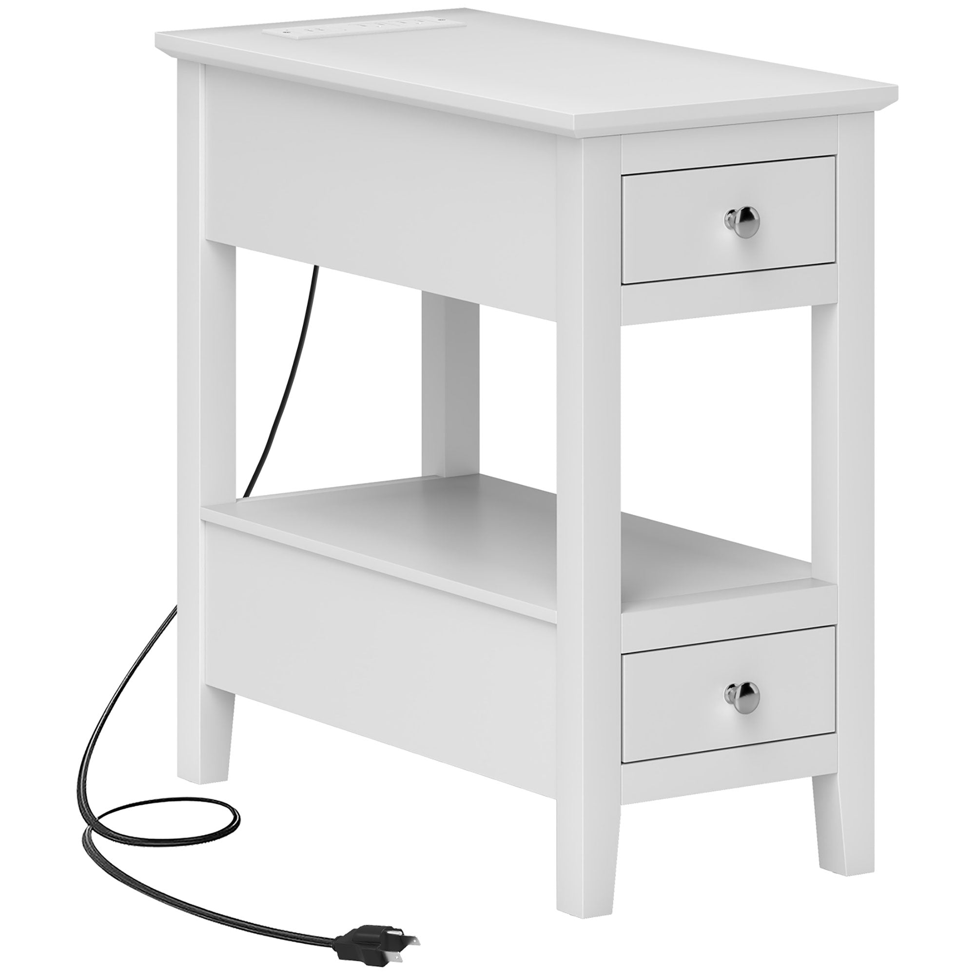HOMCOM End Table with Charging Station and USB Ports, Modern Narrow Side Table with Storage Shelf, 2 Drawers for Living Room, White