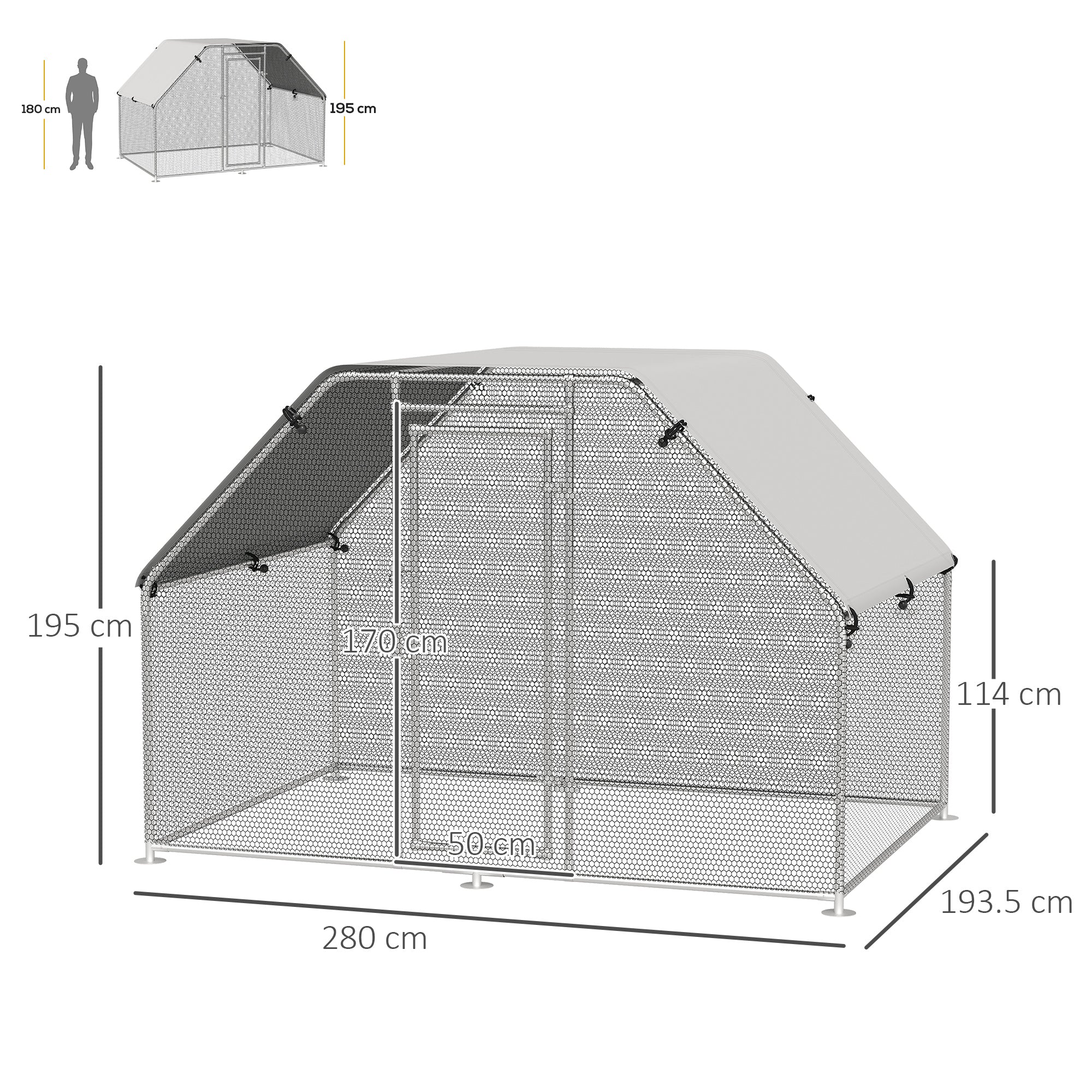 PawHut Walk In Chicken Run Galvanized Coop Hen House for 6-8 Chicken Poultry Cages Rabbit Hutch Outdoor Pet Playpen with Water-Resist Cover, 280W x 190D x 195H cm