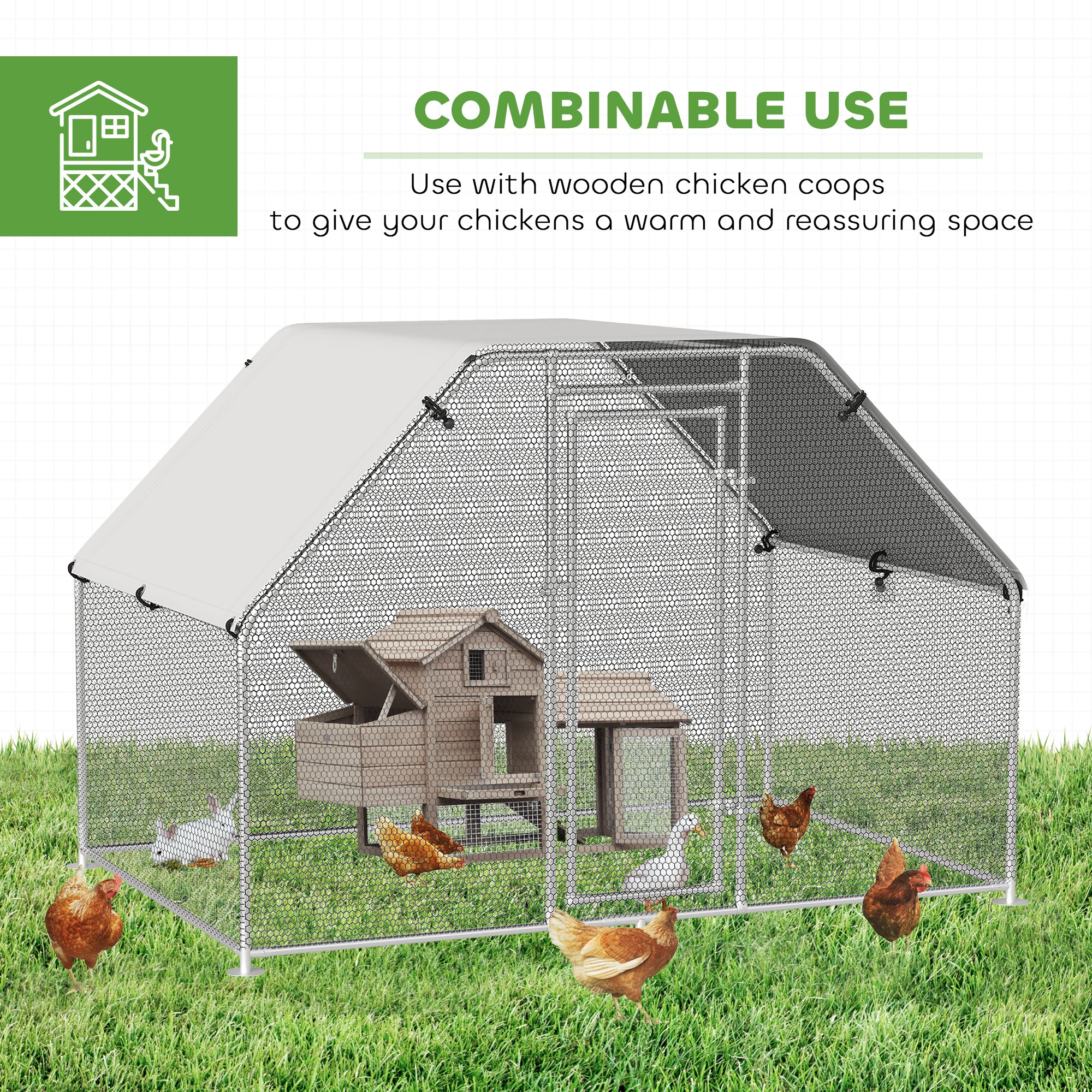 PawHut Walk In Chicken Run Galvanized Coop Hen House for 6-8 Chicken Poultry Cages Rabbit Hutch Outdoor Pet Playpen with Water-Resist Cover, 280W x 190D x 195H cm
