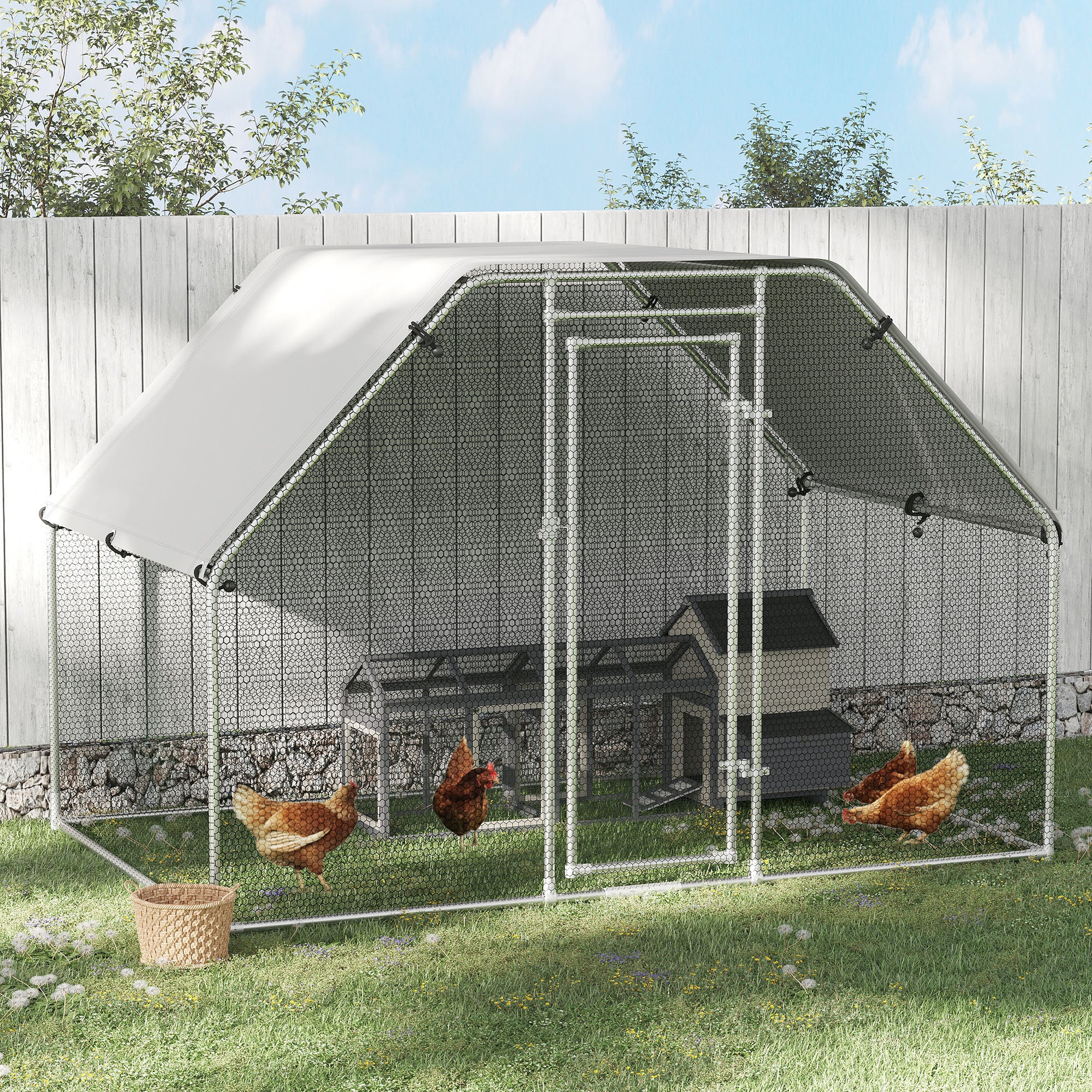 PawHut 9.2' x 6.3' Metal Chicken Coop, Galvanized Walk-in Hen House, Poultry Cage Outdoor Backyard with Waterproof UV-Protection Cover for Rabbits, Ducks