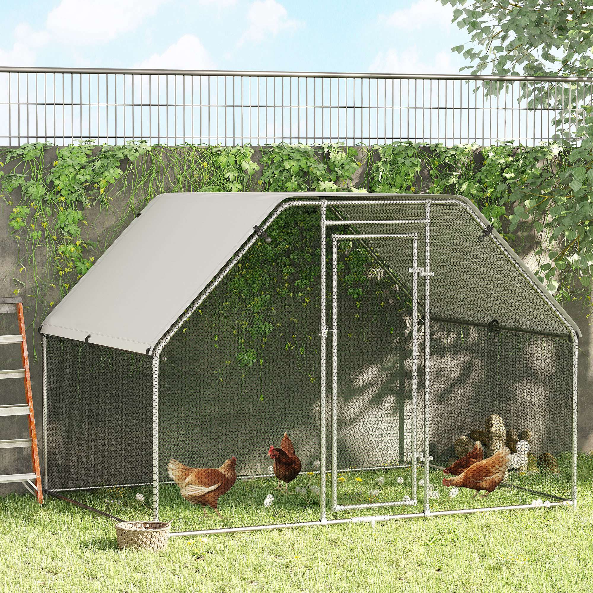 PawHut Walk In Chicken Run Galvanized Coop Hen House for 6-8 Chicken Poultry Cages Rabbit Hutch Outdoor Pet Playpen with Water-Resist Cover, 280W x 190D x 195H cm