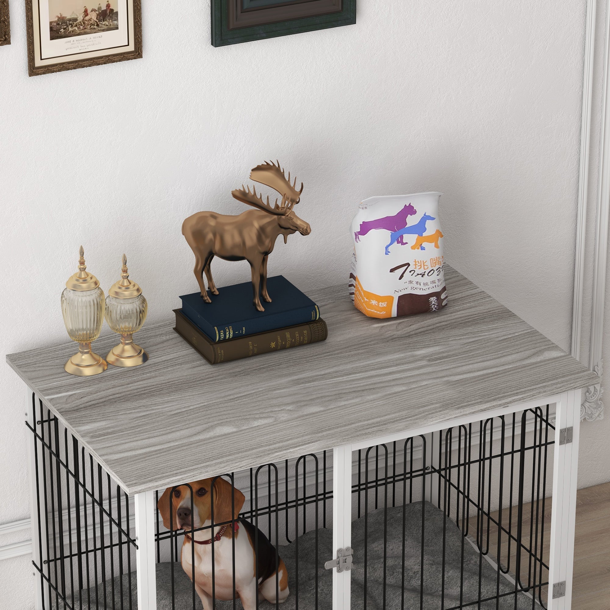 PawHut Dog Crate Furniture, Indoor Dog Kennel Side End Table with Soft Washable Cushion, Lockable Door, for Large Dogs
