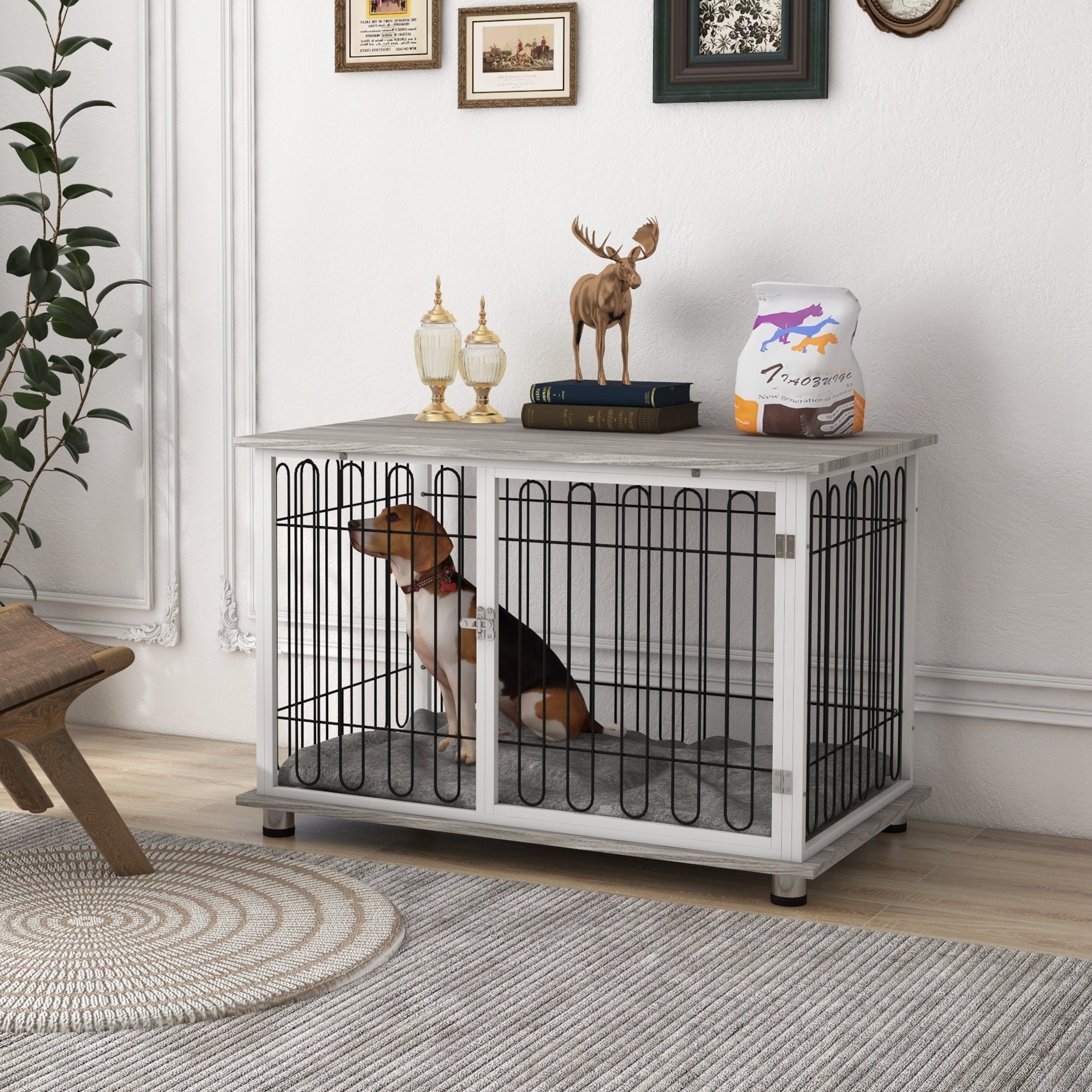 PawHut Dog Crate Furniture, Indoor Dog Kennel Side End Table with Soft Washable Cushion, Lockable Door, for Large Dogs