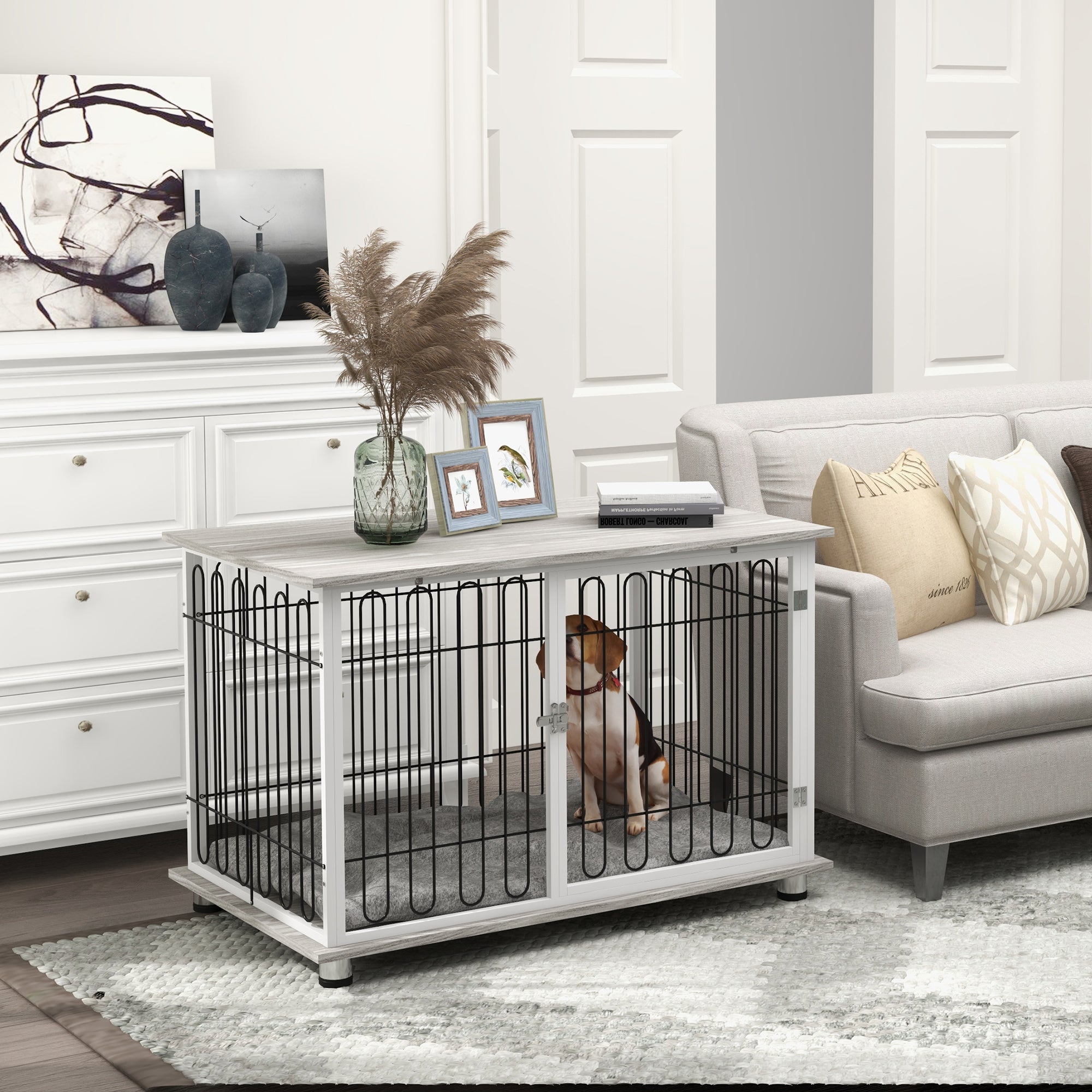 PawHut Dog Crate Furniture, Indoor Dog Kennel Side End Table with Soft Washable Cushion, Lockable Door, for Large Dogs