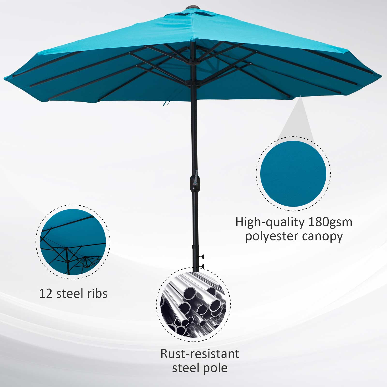 Outsunny 15ft Double-sided Patio Umbrella with Twin Canopy, Extra Large Outdoor Parasol with Crank for Pool, Deck, Market, Sky Blue