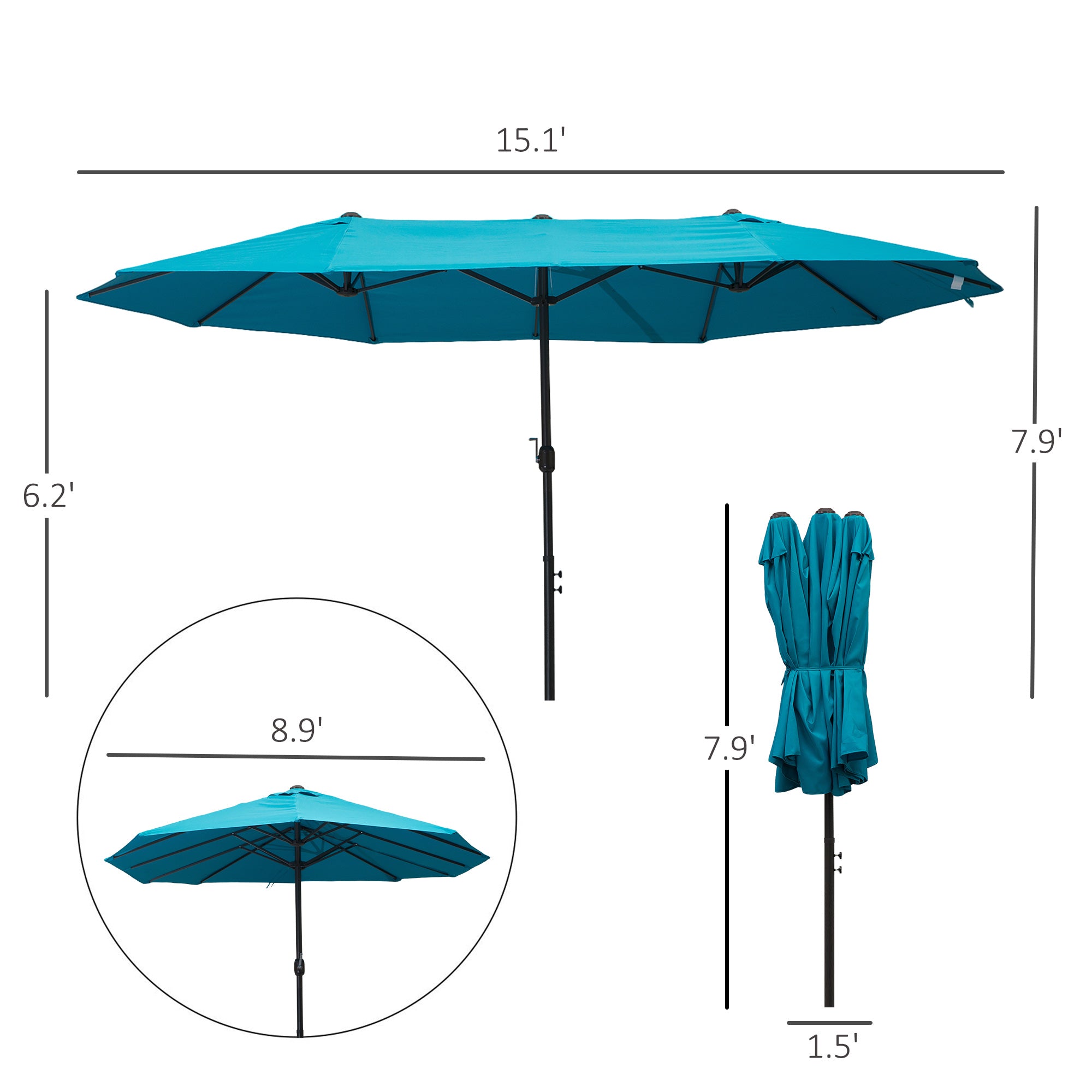 Outsunny 15ft Double-sided Patio Umbrella with Twin Canopy, Extra Large Outdoor Parasol with Crank for Pool, Deck, Market, Sky Blue