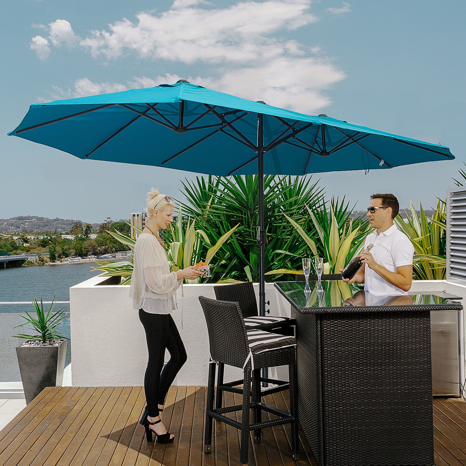 Outsunny 15ft Double-sided Patio Umbrella with Twin Canopy, Extra Large Outdoor Parasol with Crank for Pool, Deck, Market, Sky Blue