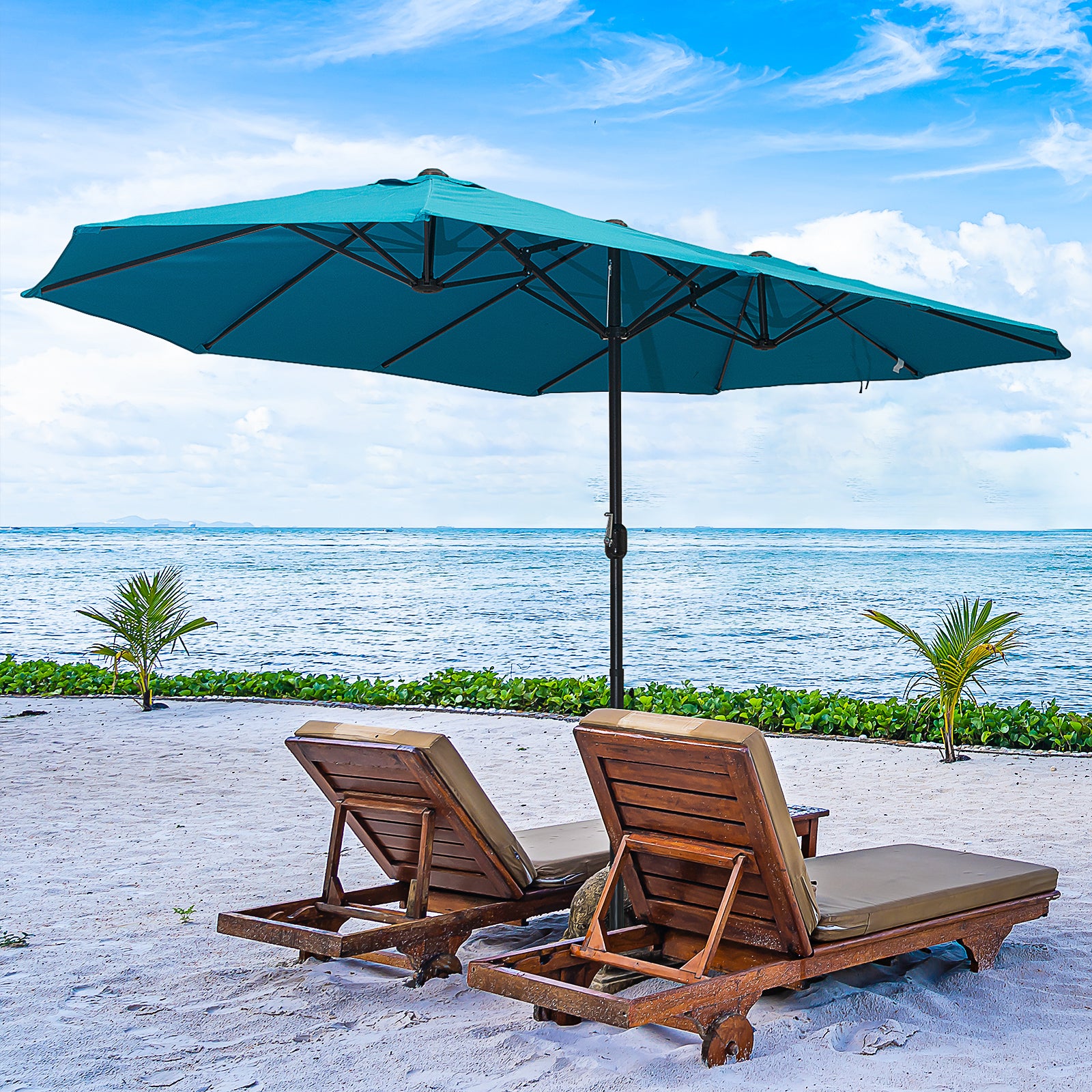 Outsunny 15ft Double-sided Patio Umbrella with Twin Canopy, Extra Large Outdoor Parasol with Crank for Pool, Deck, Market, Sky Blue
