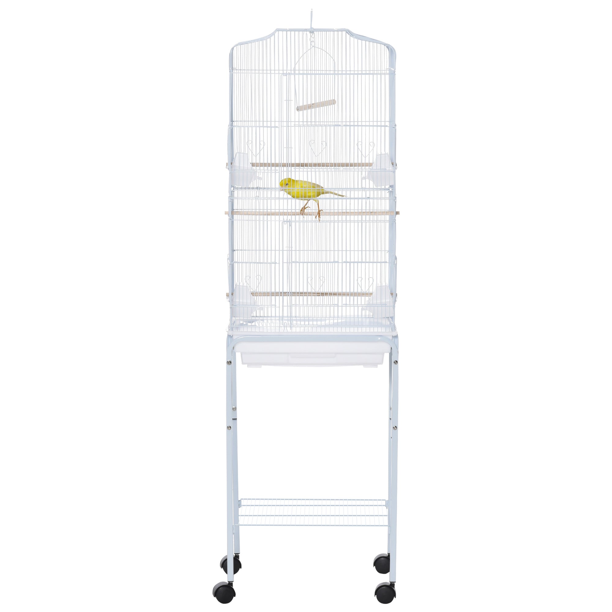 PawHut Bird Cage Budgie Cages for Finch Canary Parakeet with Stand Wheels Slide-out Tray Accessories Storage Shelf, White 46.5 x 36 x 157 cm