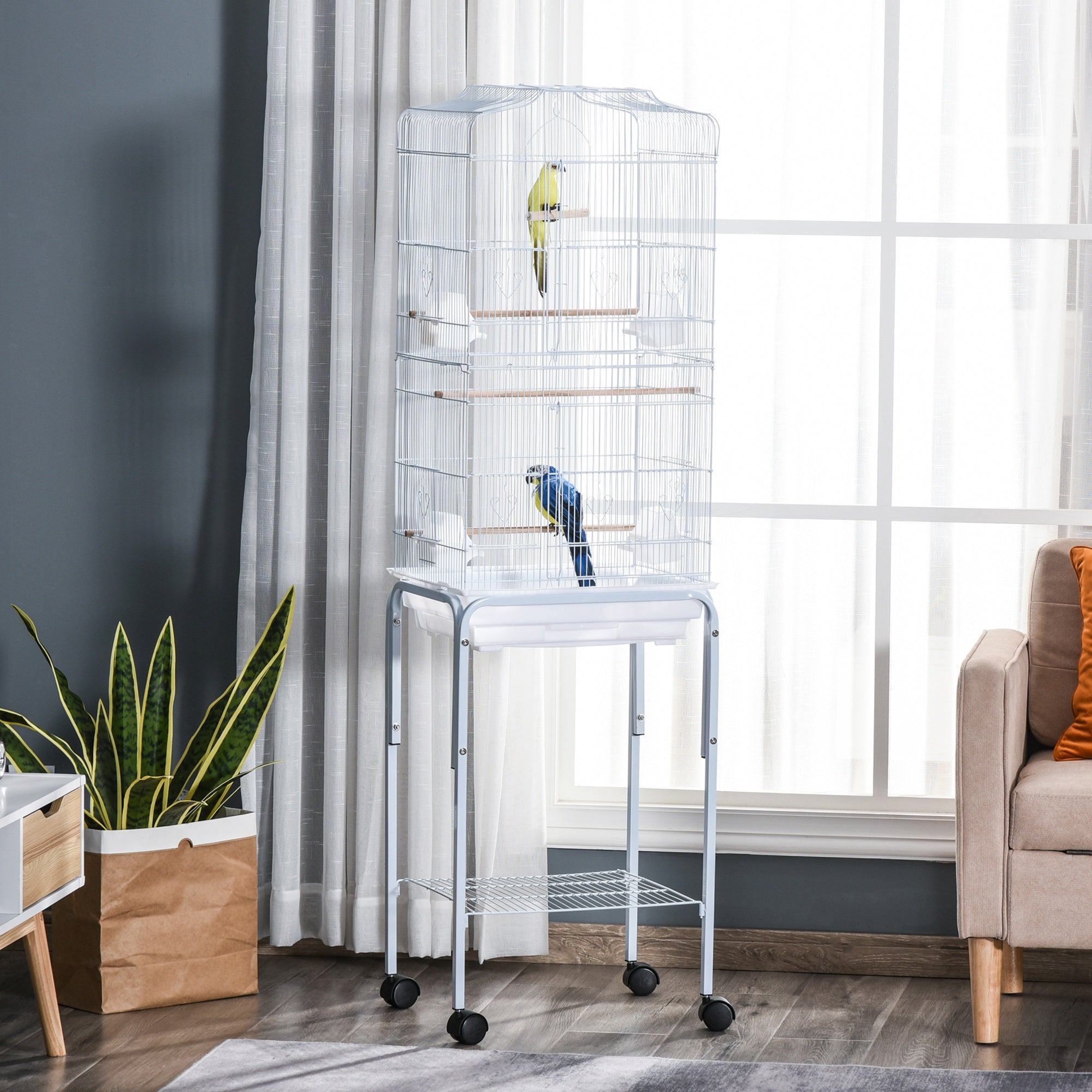 PawHut Bird Cage Budgie Cages for Finch Canary Parakeet with Stand Wheels Slide-out Tray Accessories Storage Shelf, White 46.5 x 36 x 157 cm