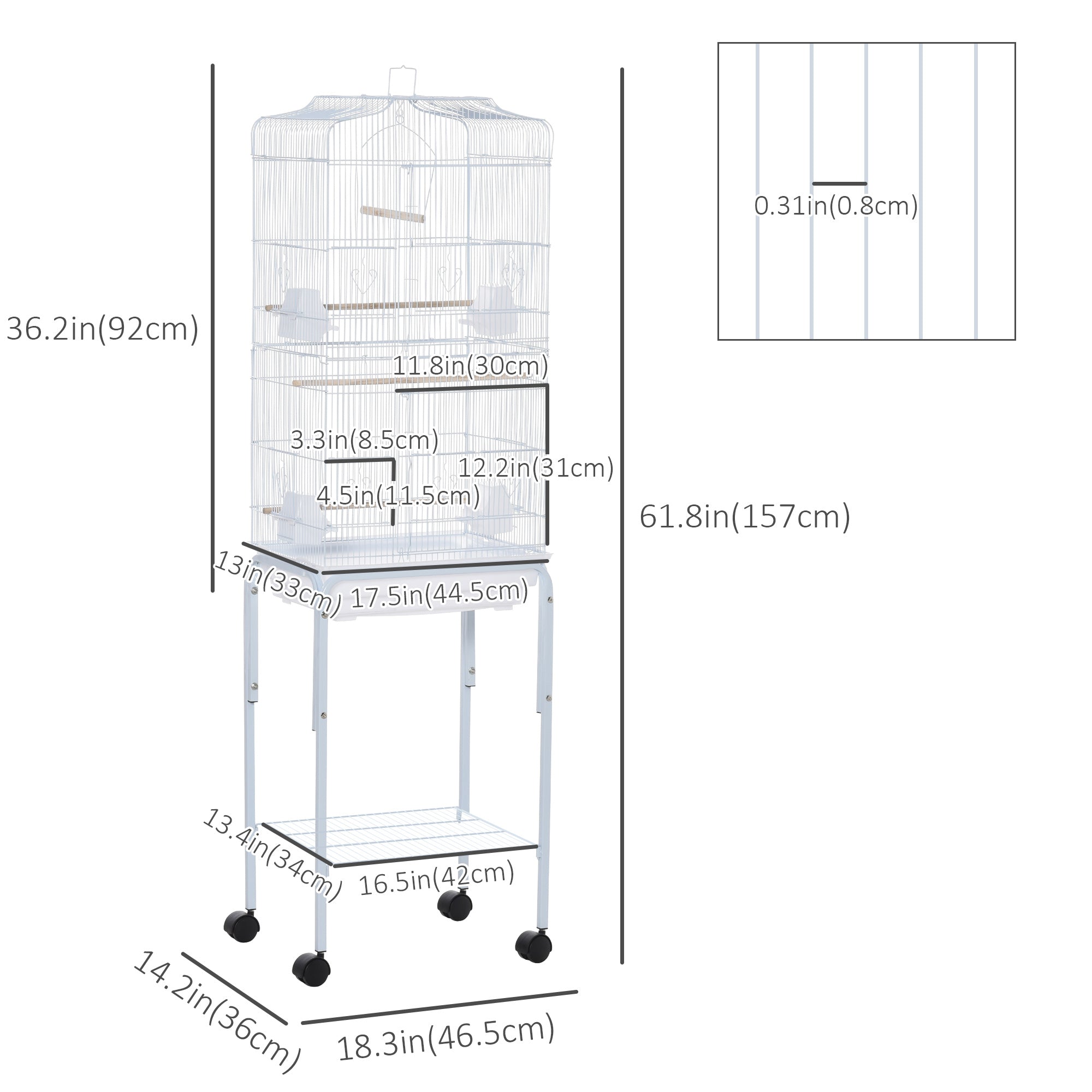 PawHut 62" Bird Cage Budgie Cage with Wheels, Detachable Stand, Storage, White