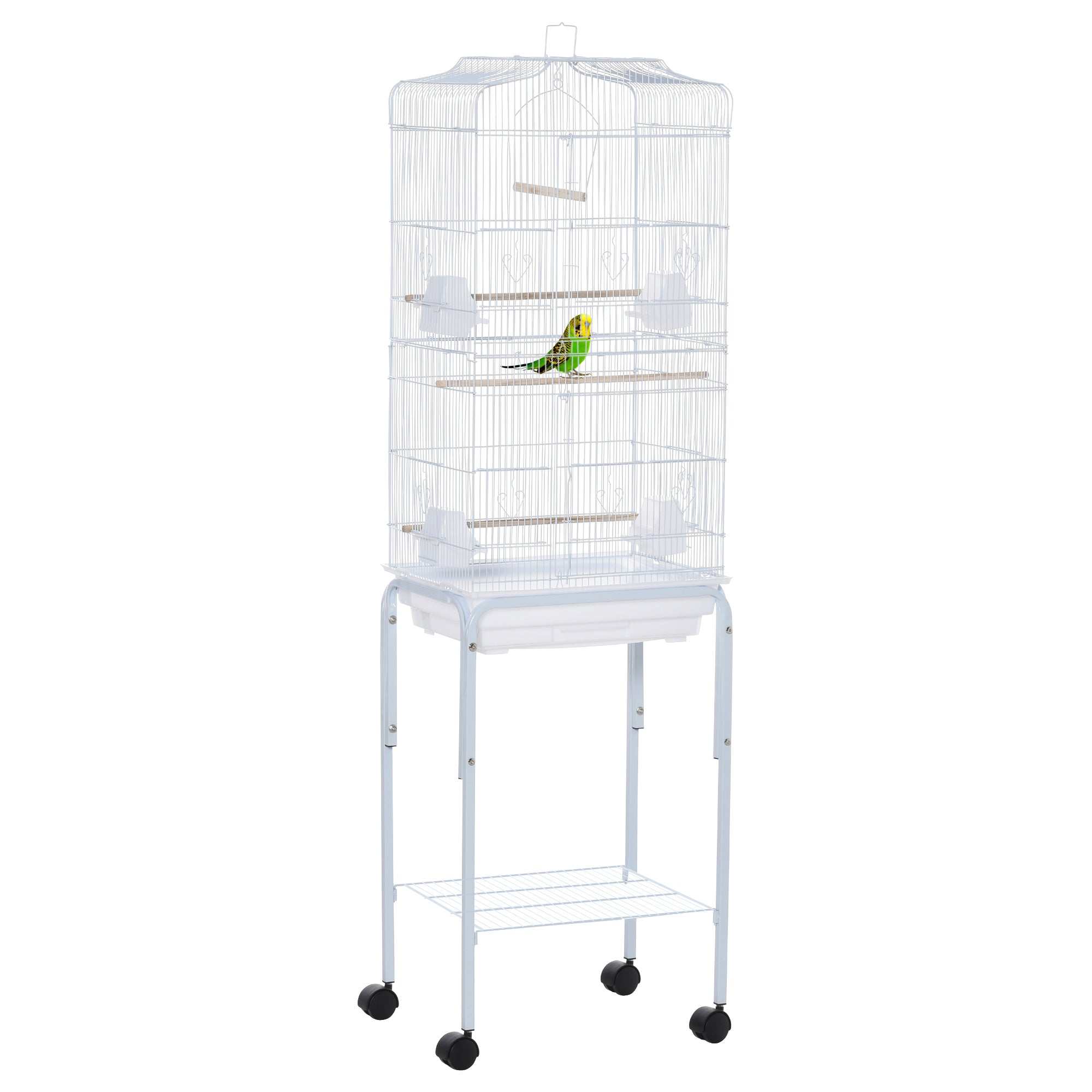 PawHut 62" Bird Cage Budgie Cage with Wheels, Detachable Stand, Storage, White