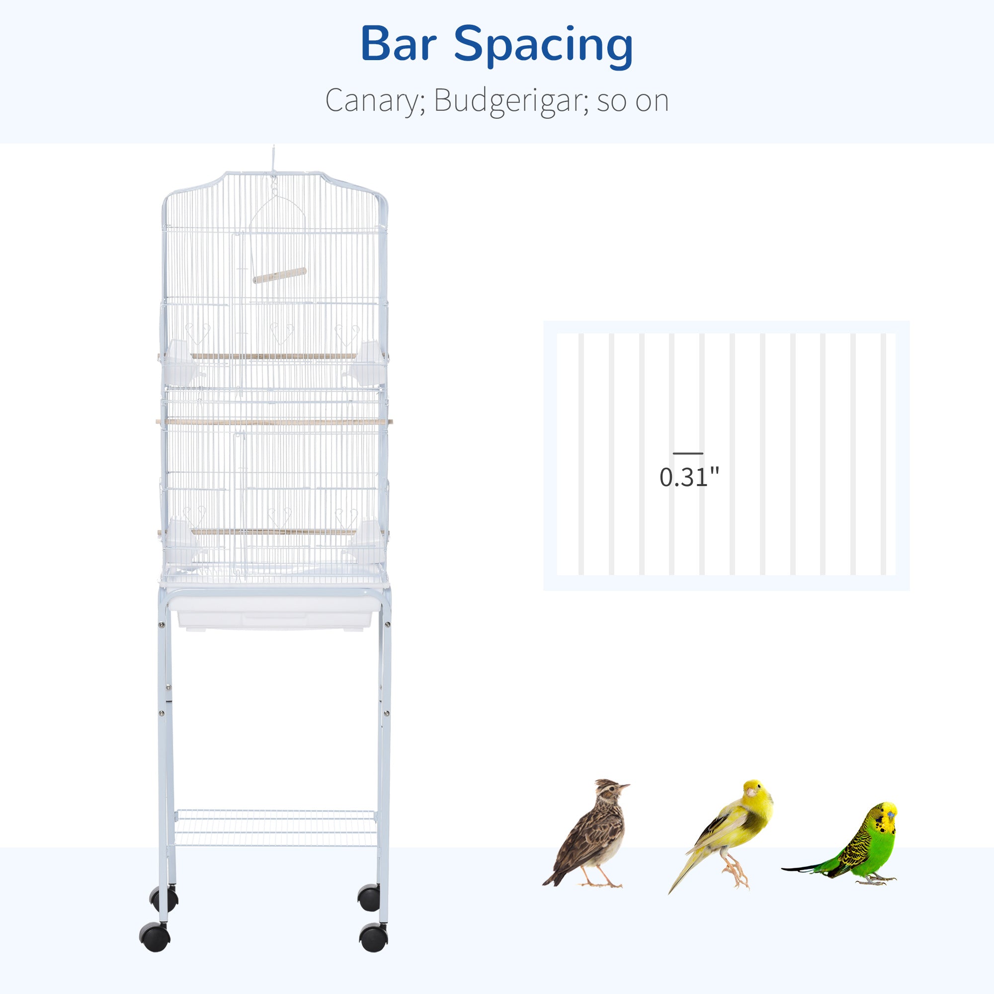PawHut 62" Bird Cage Budgie Cage with Wheels, Detachable Stand, Storage, White