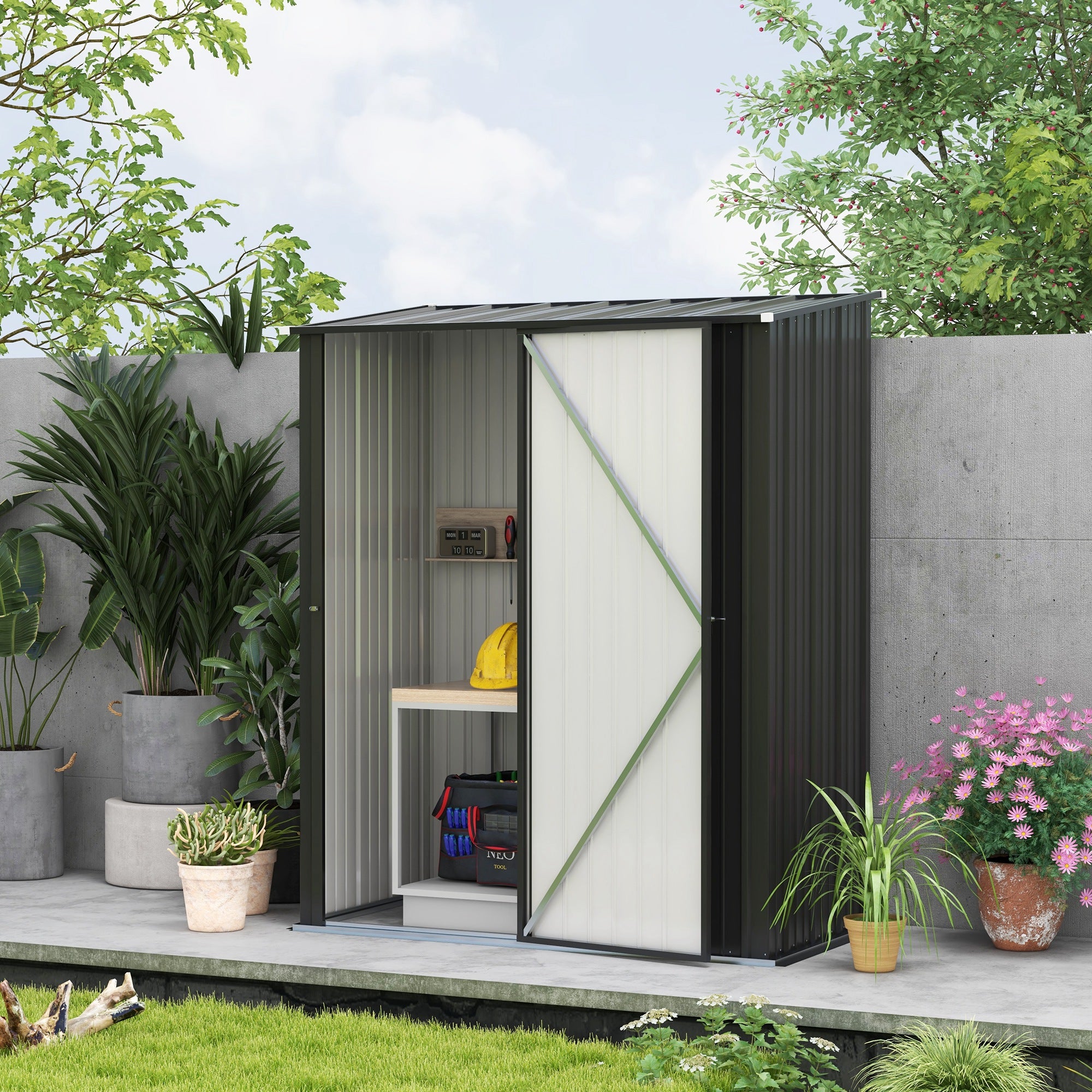 Outsunny 5' x 3' Outdoor Storage Shed, Steel Garden Shed with Single Lockable Door and Gloves, Tool Storage House for Backyard, Patio, Lawn, Black