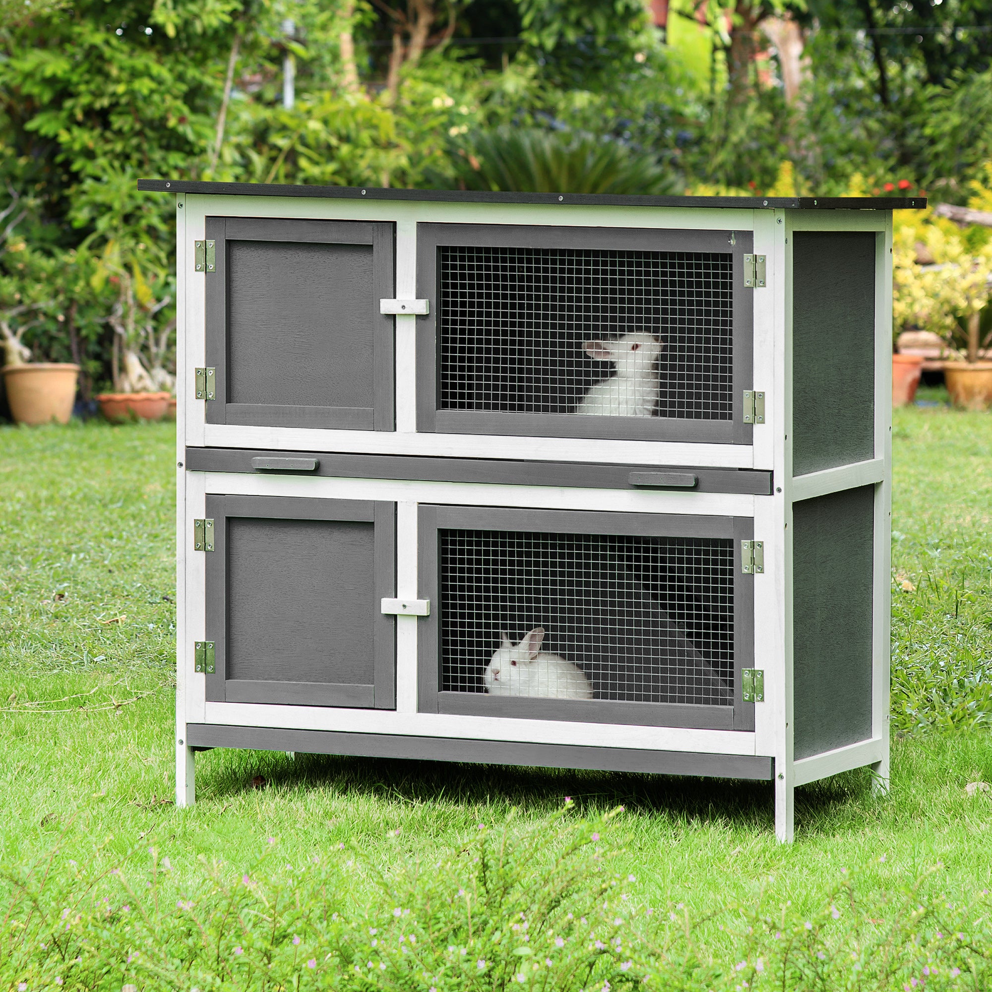 Pawhut Rabbit Hutch Wooden Bunny Cage Small Animal House w/ 2 Large Main Rooms, Pull Out Tray, Protection from UV Rays and Water, Grey