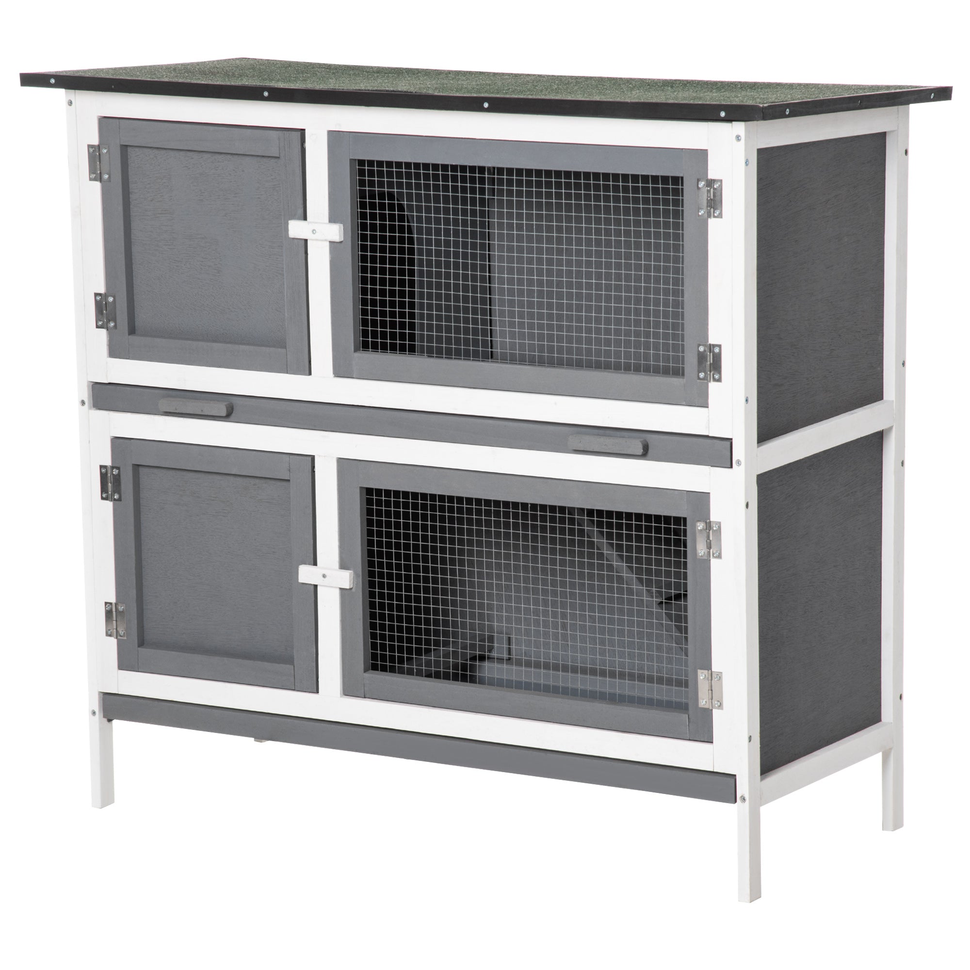 Pawhut Rabbit Hutch Wooden Bunny Cage Small Animal House w/ 2 Large Main Rooms, Pull Out Tray, Protection from UV Rays and Water, Grey