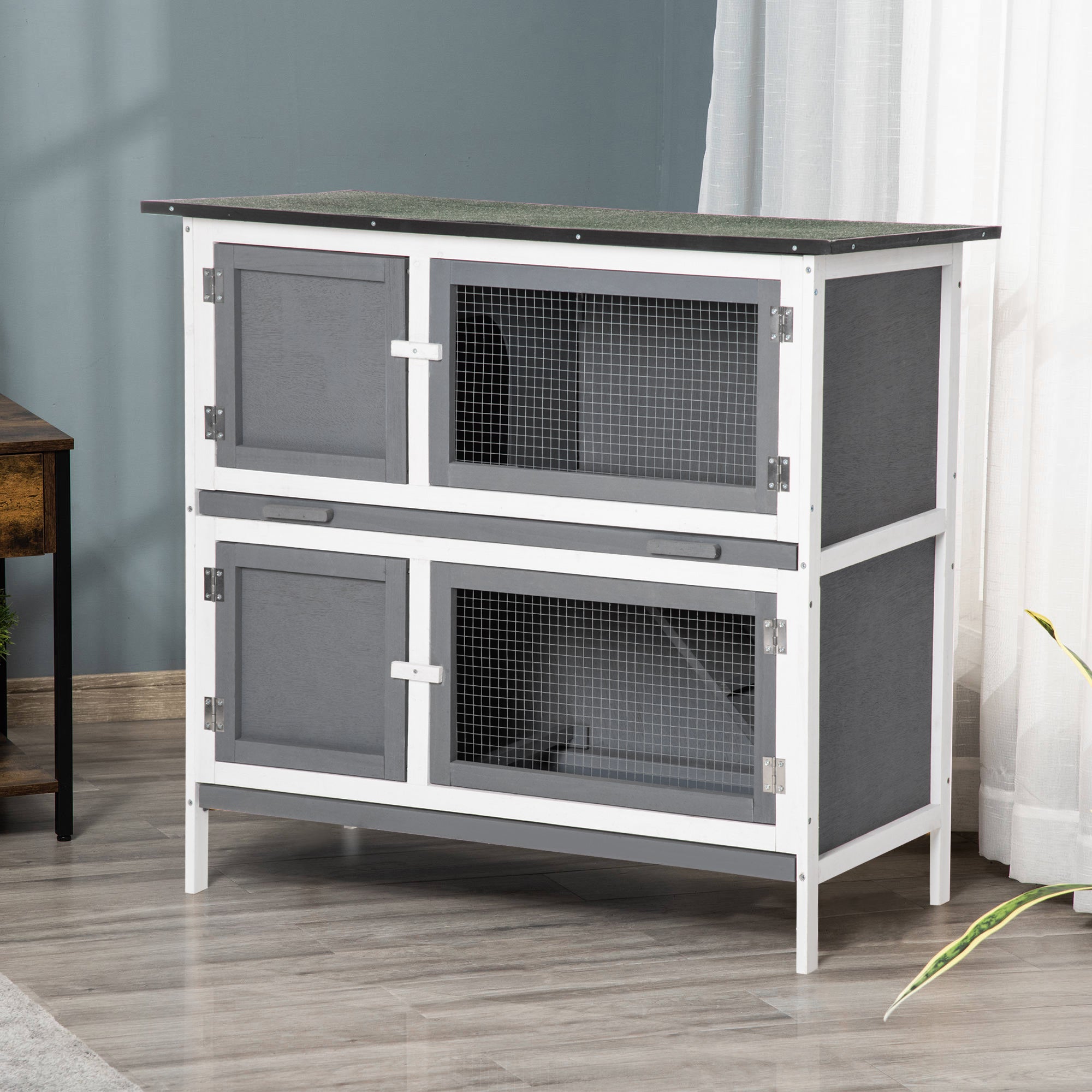 PawHut Wooden Bunny Rabbit Hutch, Small Animal Habitat with Ramp, Removable Tray & Weatherproof Roof, Indoor/Outdoor, Grey