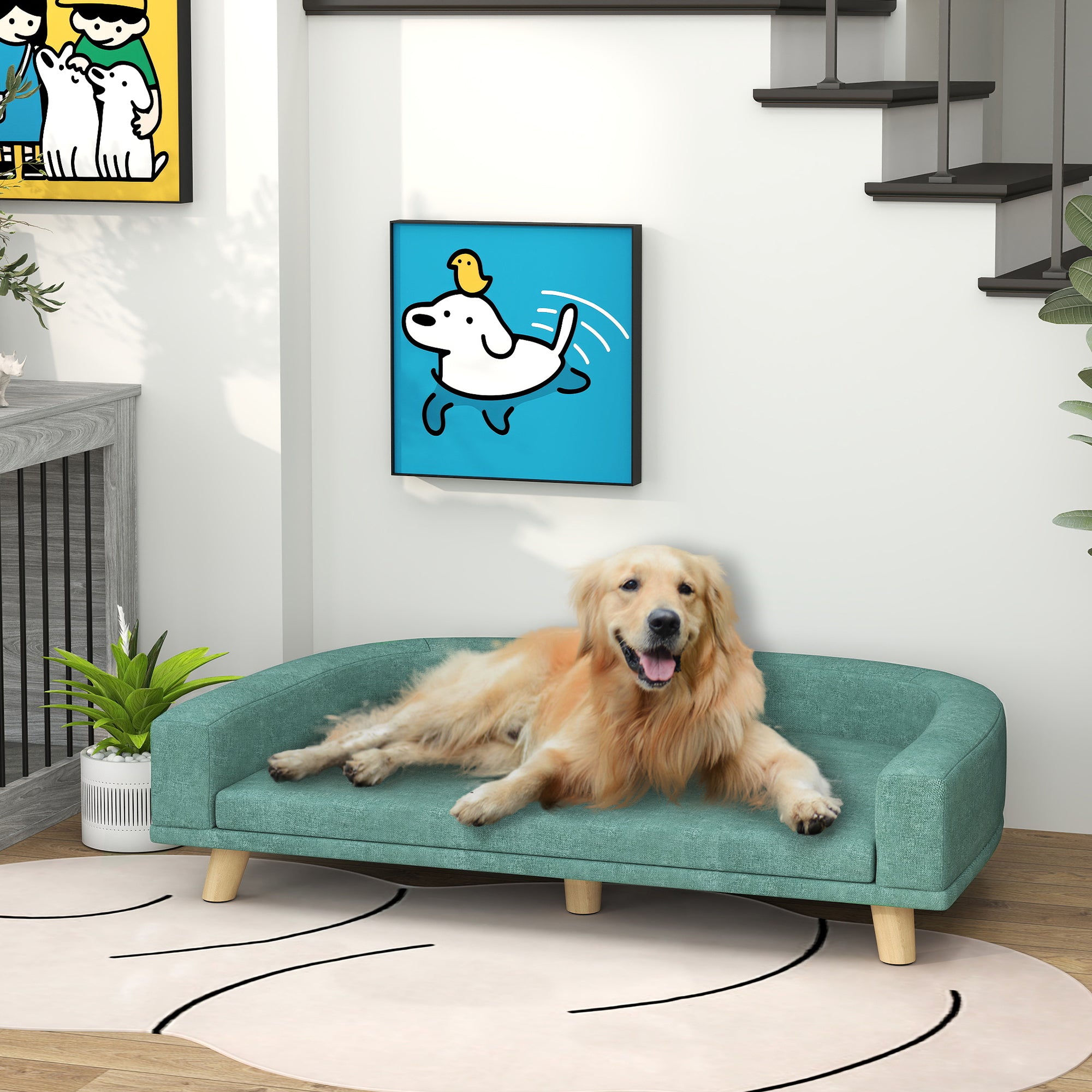 PawHut Dog Sofa Couch, Pet Bed with Comfortable Luxury Cushion, Washable Cover, Wooden Legs, Anti-slip Mat for Large Dogs, Cats, Kittens, Green
