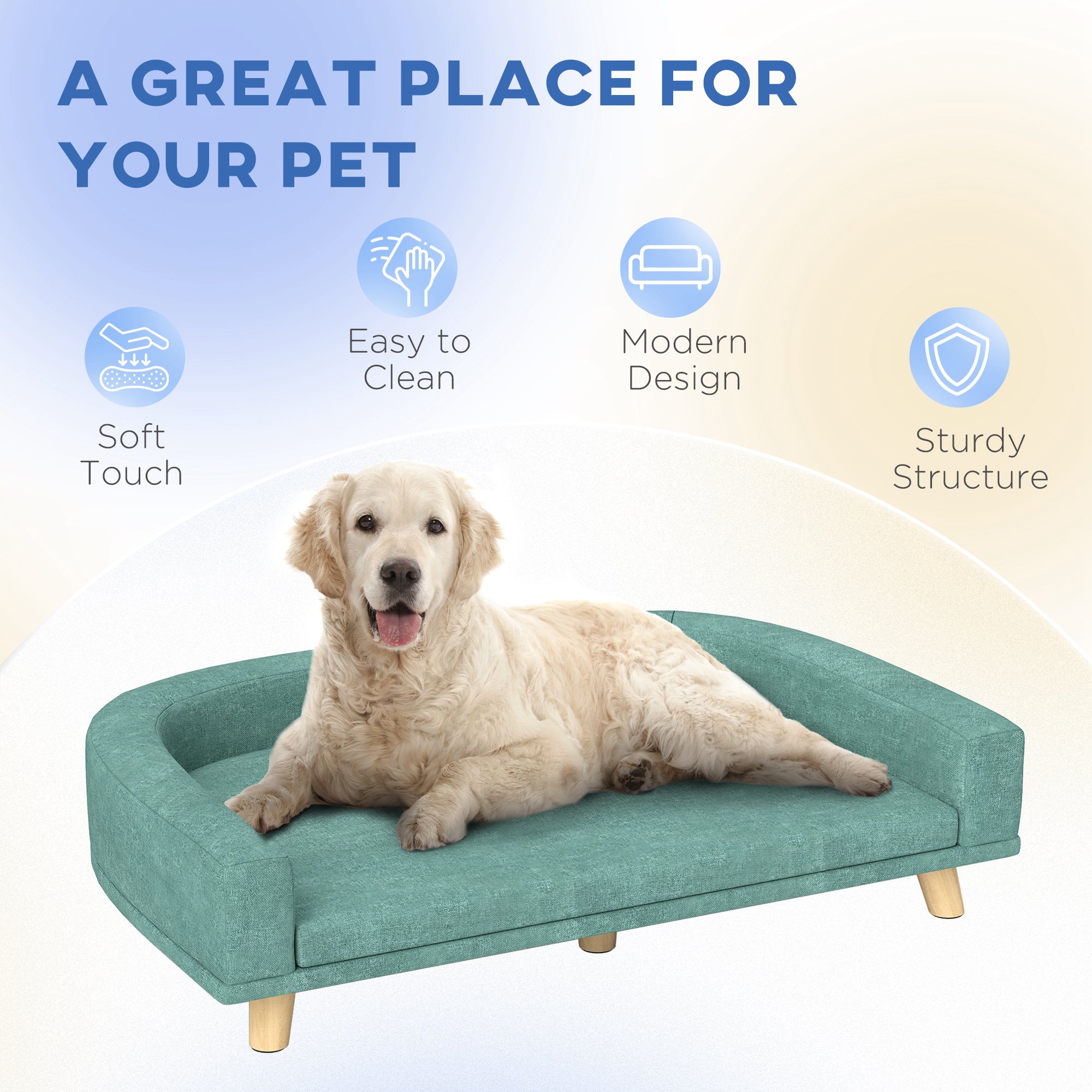 PawHut Dog Sofa Couch, Pet Bed with Comfortable Luxury Cushion, Washable Cover, Wooden Legs, Anti-slip Mat for Large Dogs, Cats, Kittens, Green