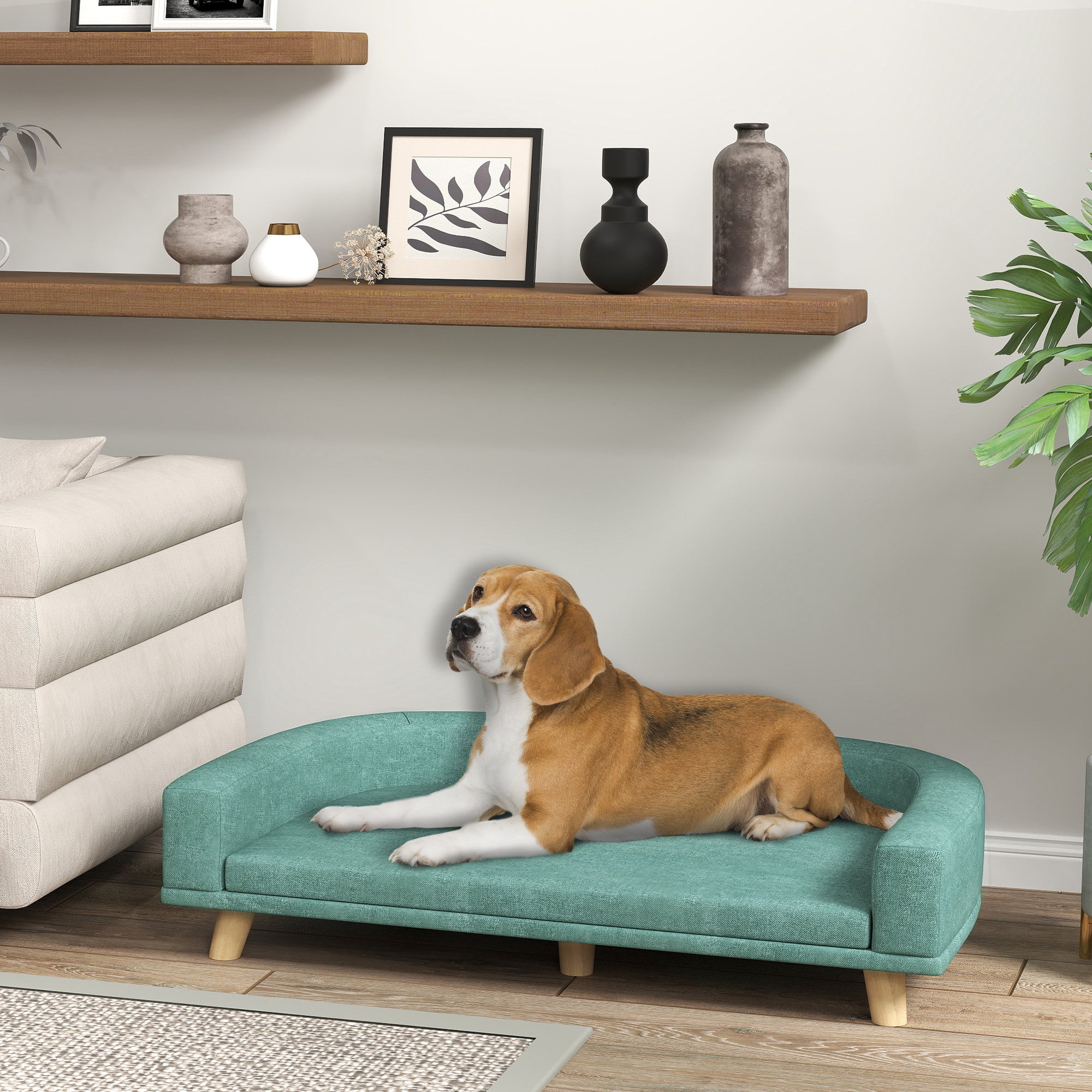 PawHut Dog Sofa Couch, Pet Bed with Comfortable Luxury Cushion, Washable Cover, Wooden Legs, Anti-slip Mat for Large Dogs, Cats, Kittens, Green
