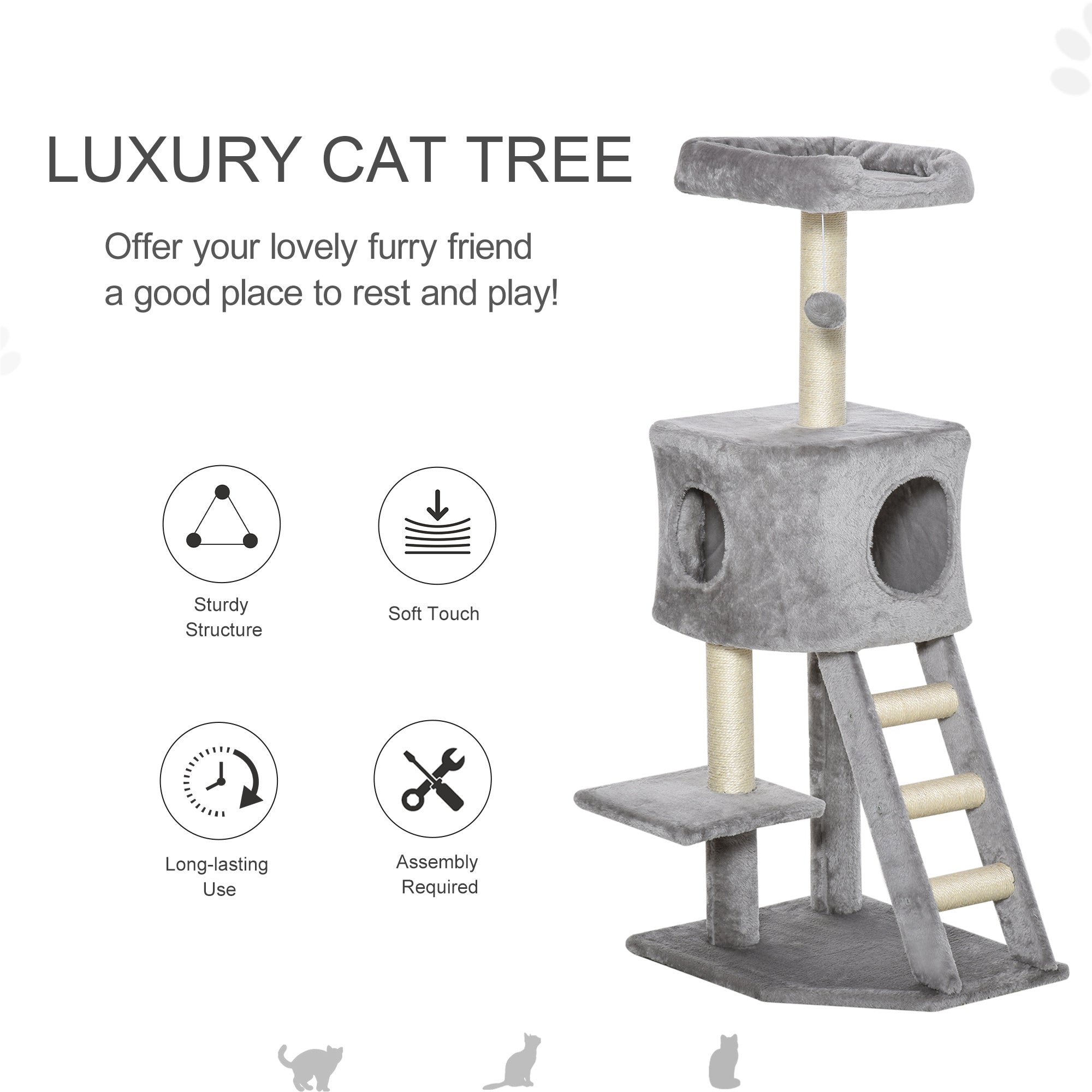 PawHut 47 Inches Cat Tree, Multi-Level Cat Tower with Condo, Cat Climbing Activity Center with Sisal Scratching Posts, Ladder, Plush Perch and Hanging Ball, Light Grey