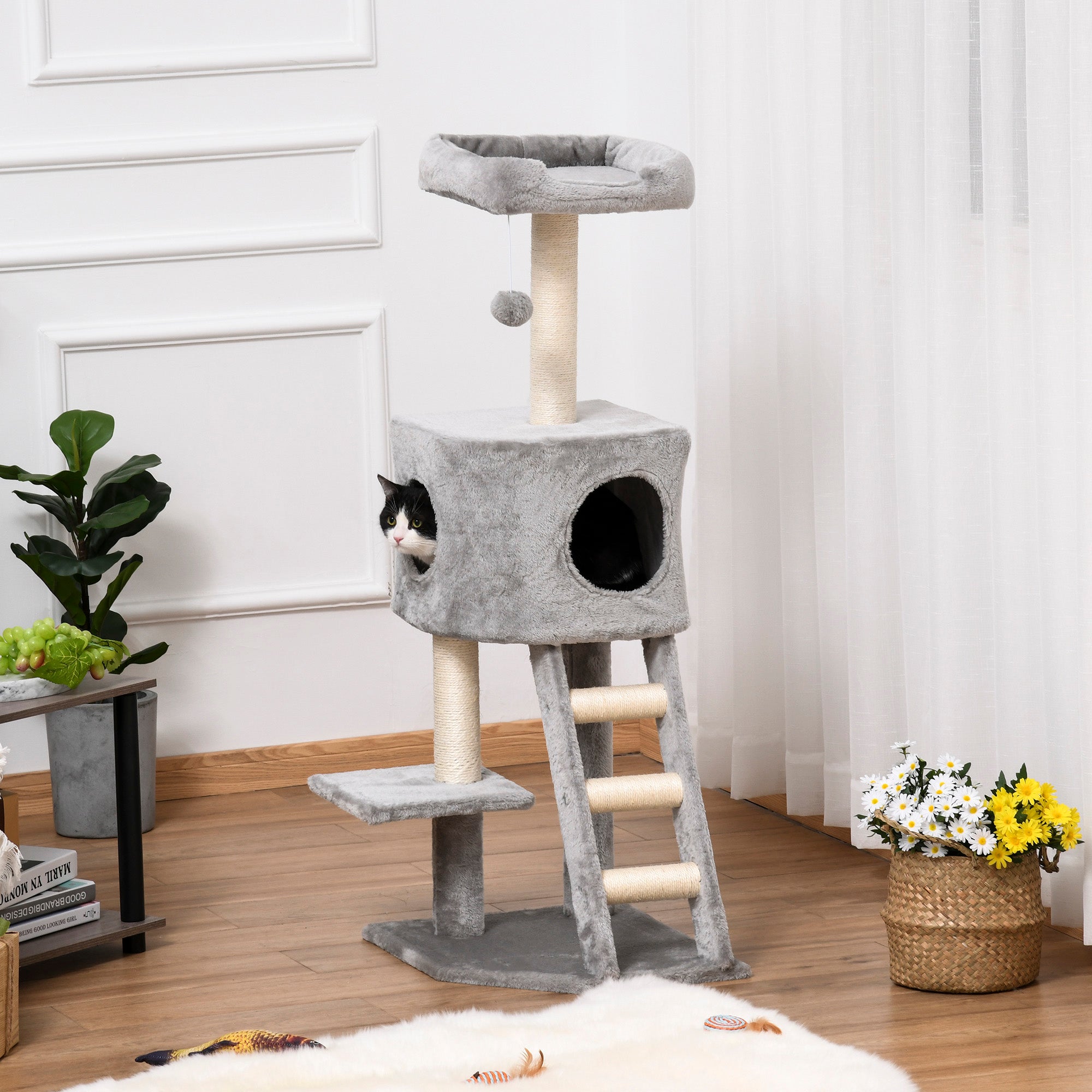 PawHut 47 Inches Cat Tree, Multi-Level Cat Tower with Condo, Cat Climbing Activity Center with Sisal Scratching Posts, Ladder, Plush Perch and Hanging Ball, Light Grey