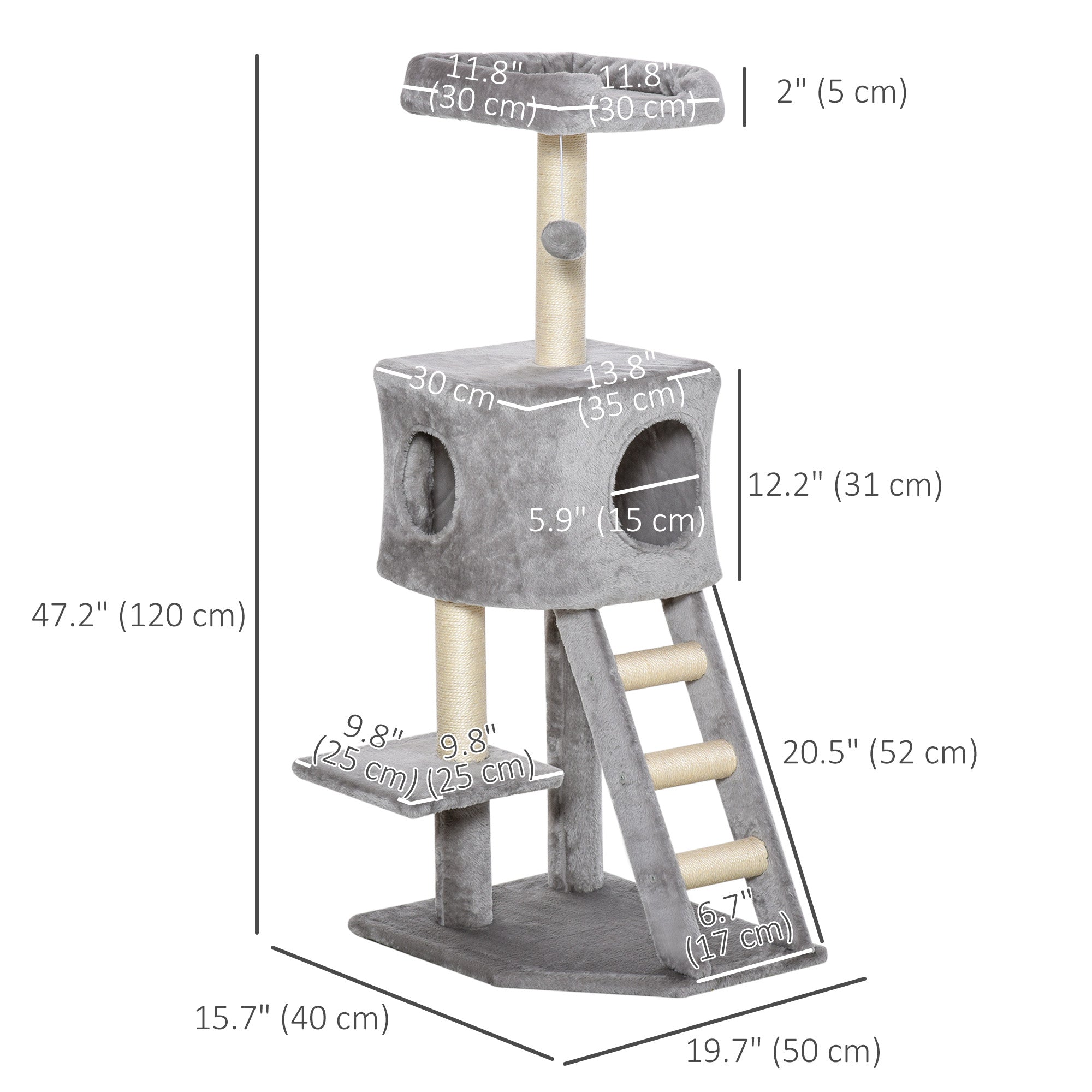 PawHut 47 Inches Cat Tree, Multi-Level Cat Tower with Condo, Cat Climbing Activity Center with Sisal Scratching Posts, Ladder, Plush Perch and Hanging Ball, Light Grey
