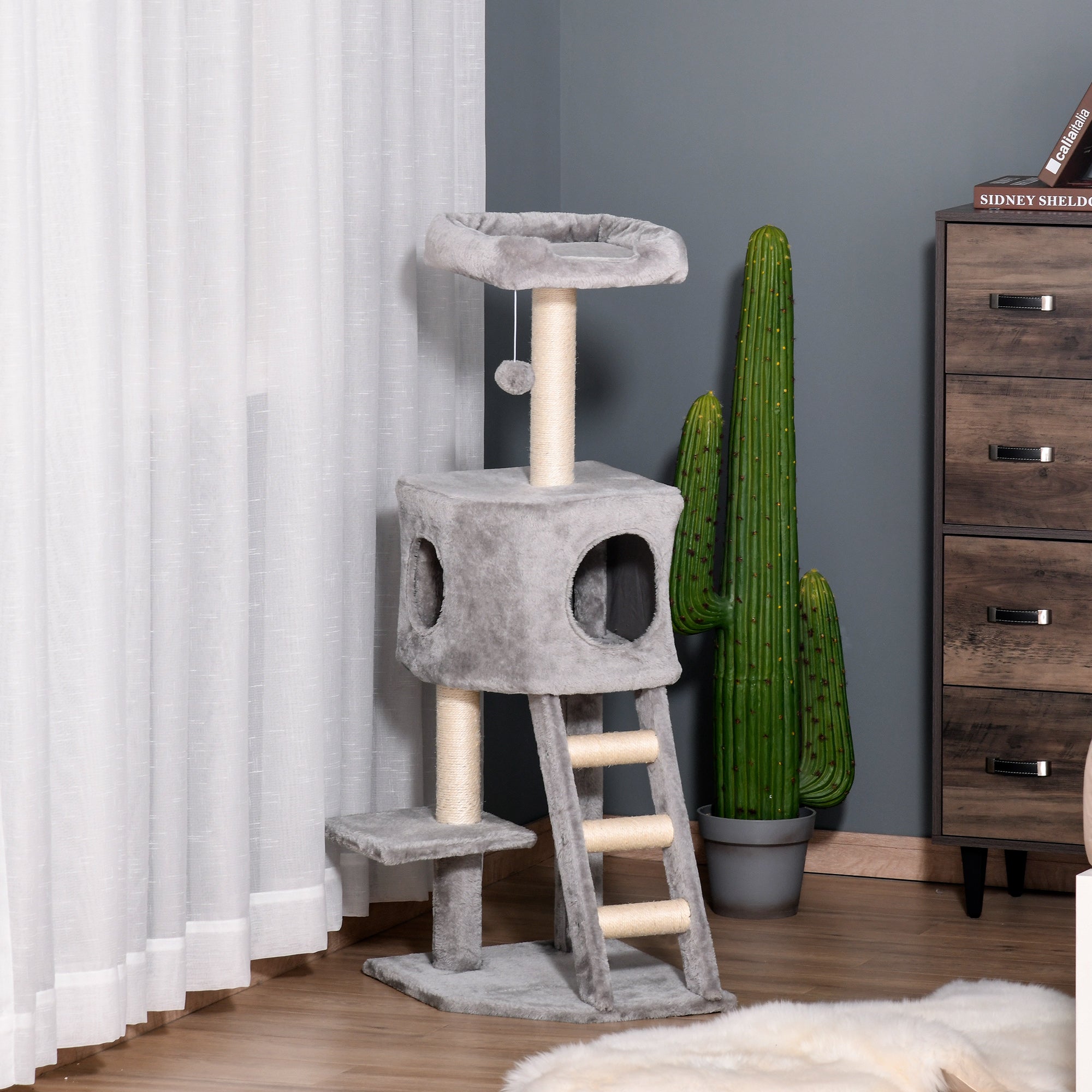 PawHut 47 Inches Cat Tree, Multi-Level Cat Tower with Condo, Cat Climbing Activity Center with Sisal Scratching Posts, Ladder, Plush Perch and Hanging Ball, Light Grey