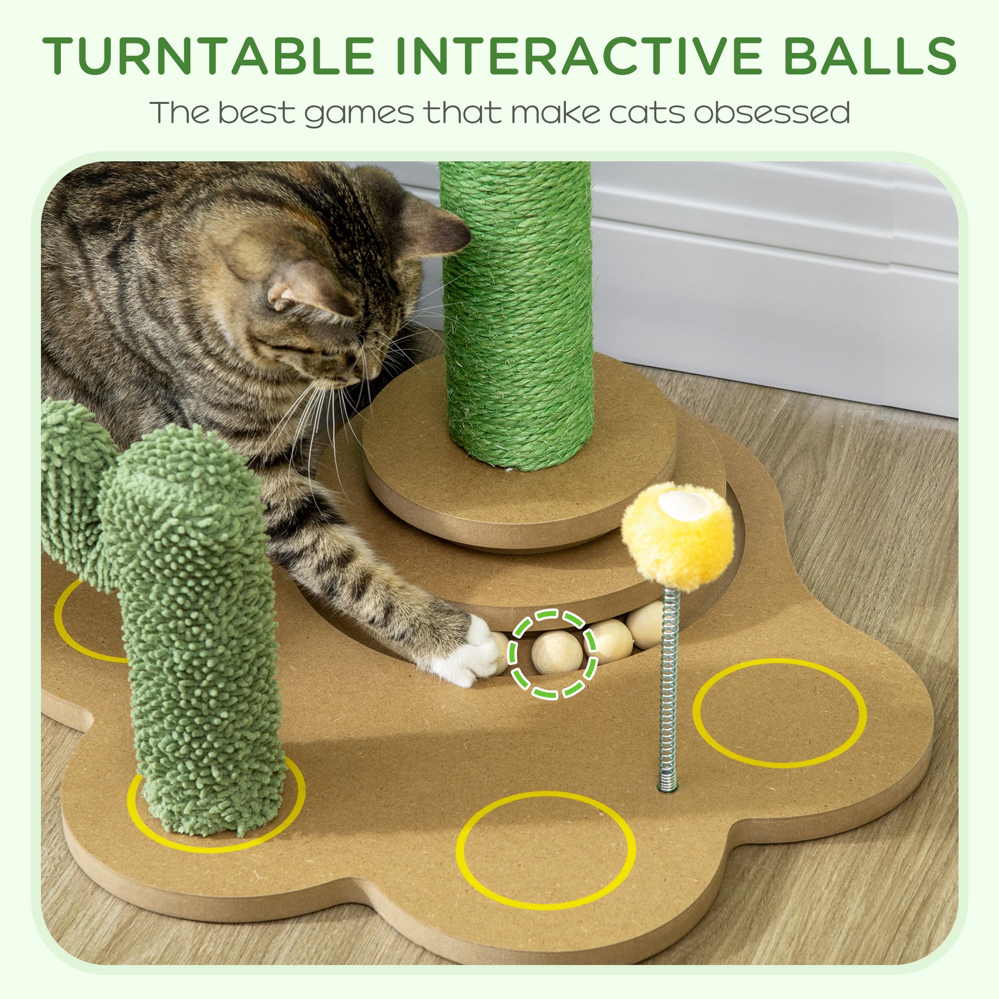 PawHut 60cm Cactus Cat Tree for Indoor Cats, Kitten Scratching Post with Interactive Toy Balls - Green