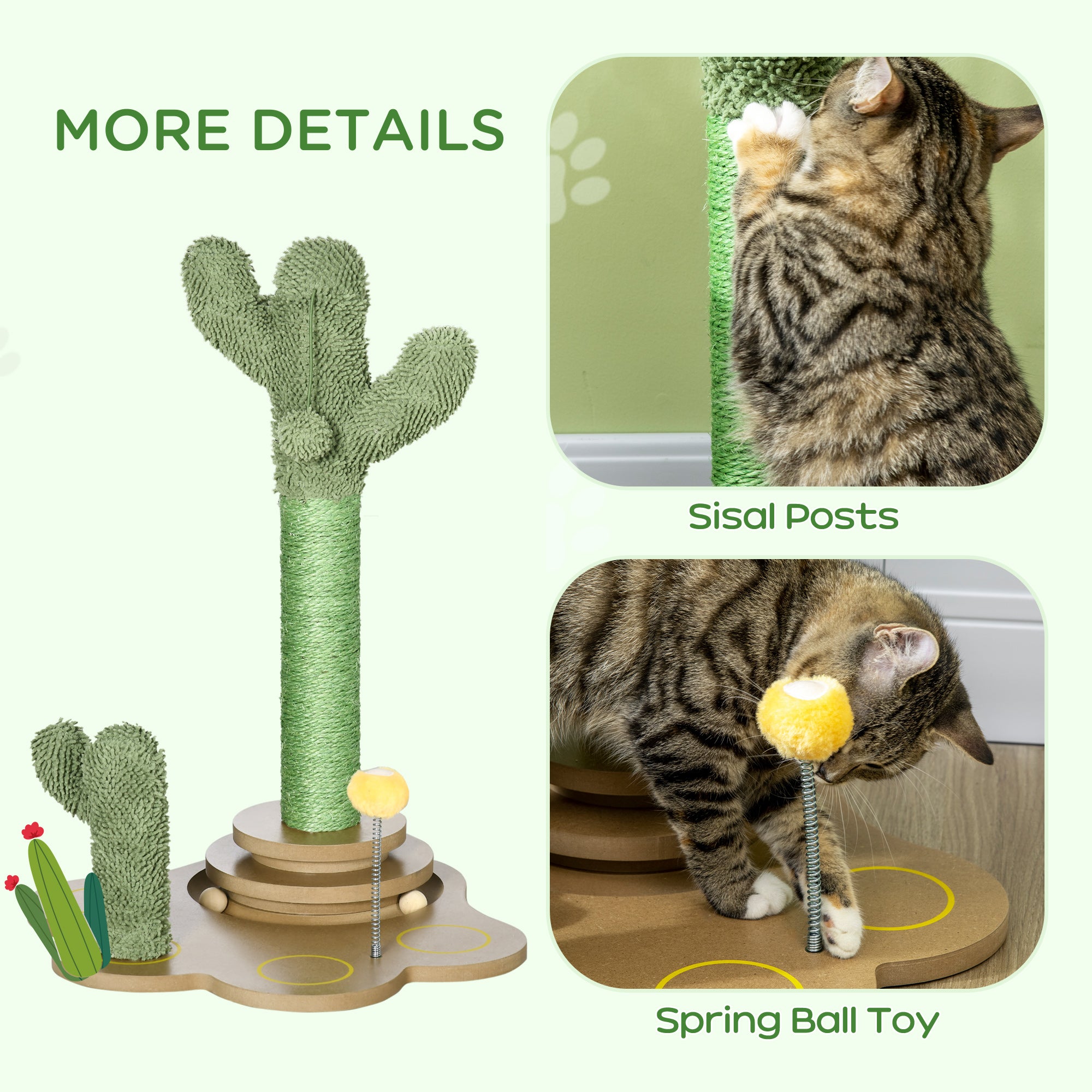 PawHut 60cm Cactus Cat Tree for Indoor Cats, Kitten Scratching Post with Interactive Toy Balls - Green