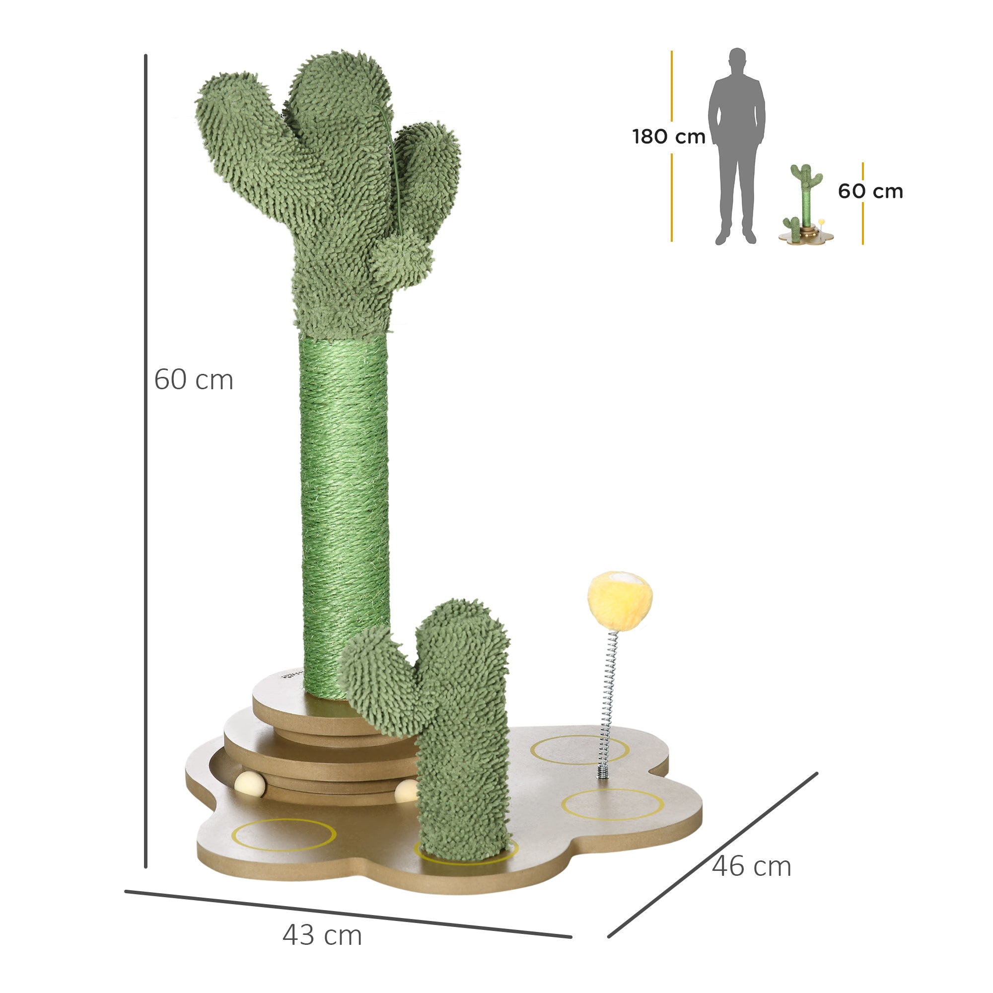 PawHut 60cm Cactus Cat Tree for Indoor Cats, Kitten Scratching Post with Interactive Toy Balls - Green