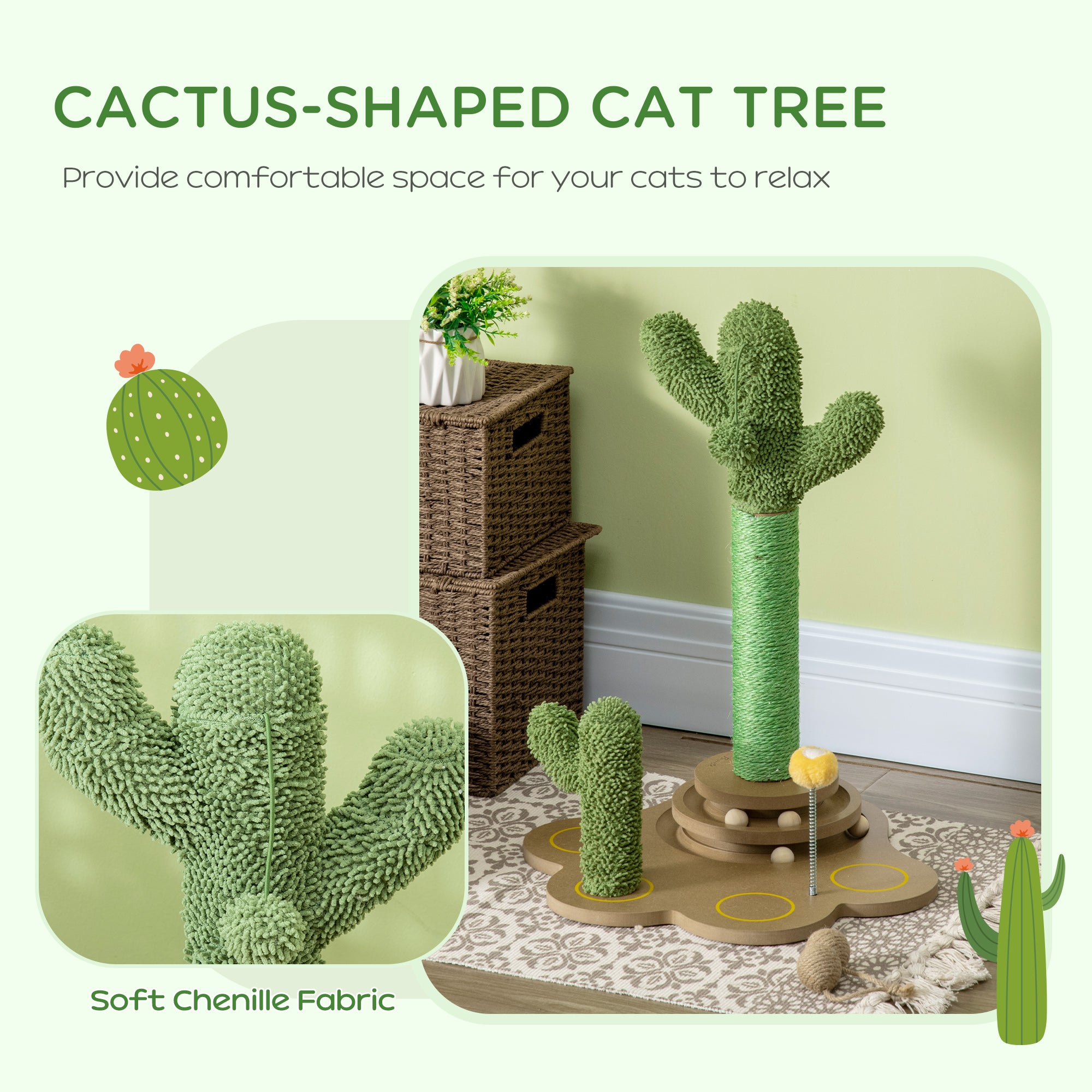 PawHut 60cm Cactus Cat Tree for Indoor Cats, Kitten Scratching Post with Interactive Toy Balls - Green