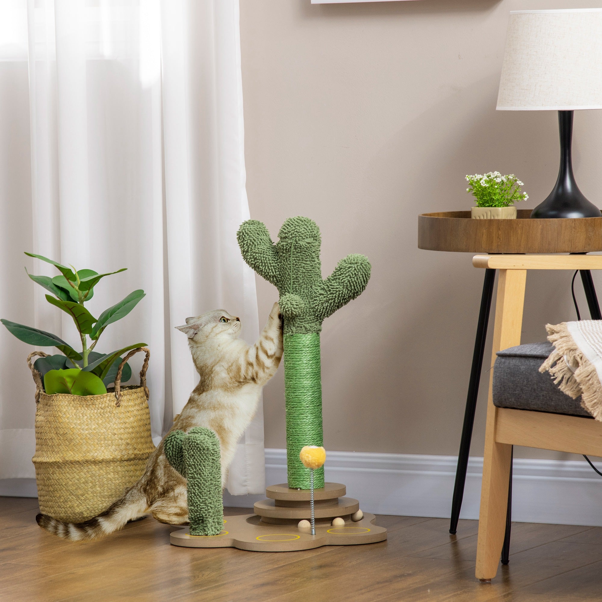 PawHut 60cm Cactus Cat Tree for Indoor Cats, Kitten Scratching Post with Interactive Toy Balls - Green
