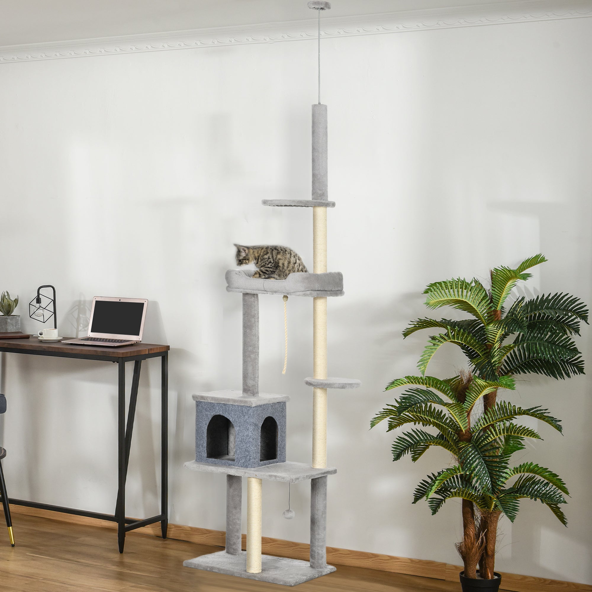 PawHut Cat Tree Floor to Ceiling Cat Tower Height Adjustable( 85-101 Inches), Tall Large Cat Climbing Activity Center with Scratching Posts Cat Condo Cozy Bed, Grey
