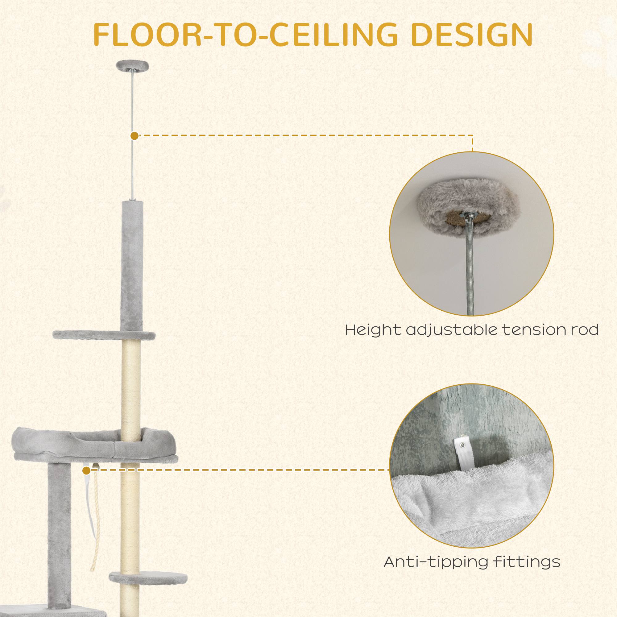 PawHut Cat Tree Floor to Ceiling Cat Tower Height Adjustable( 85-101 Inches), Tall Large Cat Climbing Activity Center with Scratching Posts Cat Condo Cozy Bed, Grey