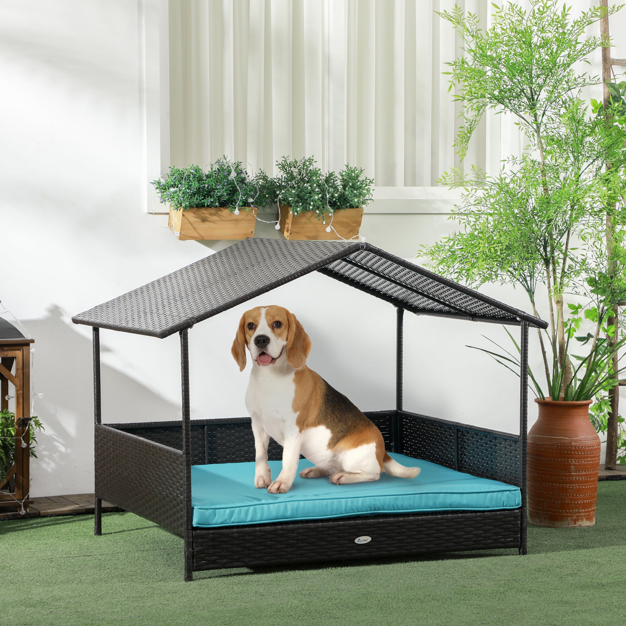 PawHut Rattan Dog House Outdoor with Shade Canopy, Elevated Wicker Dog Bed with Soft Cushion Washable Cover, for Medium Large Dogs, Blue