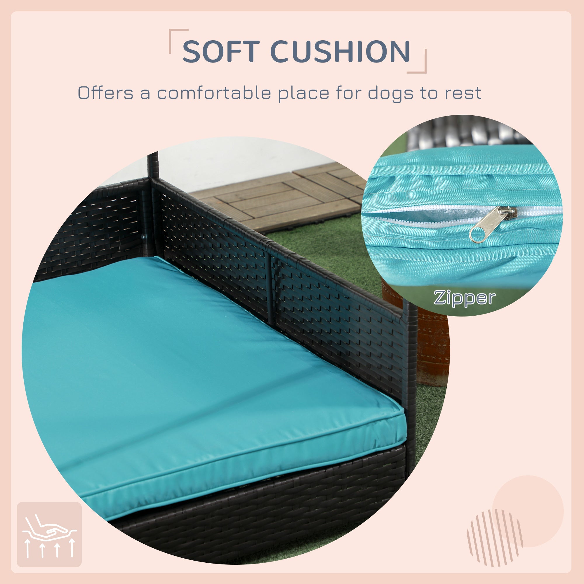 PawHut Rattan Dog House Outdoor with Shade Canopy, Elevated Wicker Dog Bed with Soft Cushion Washable Cover, for Medium Large Dogs, Blue